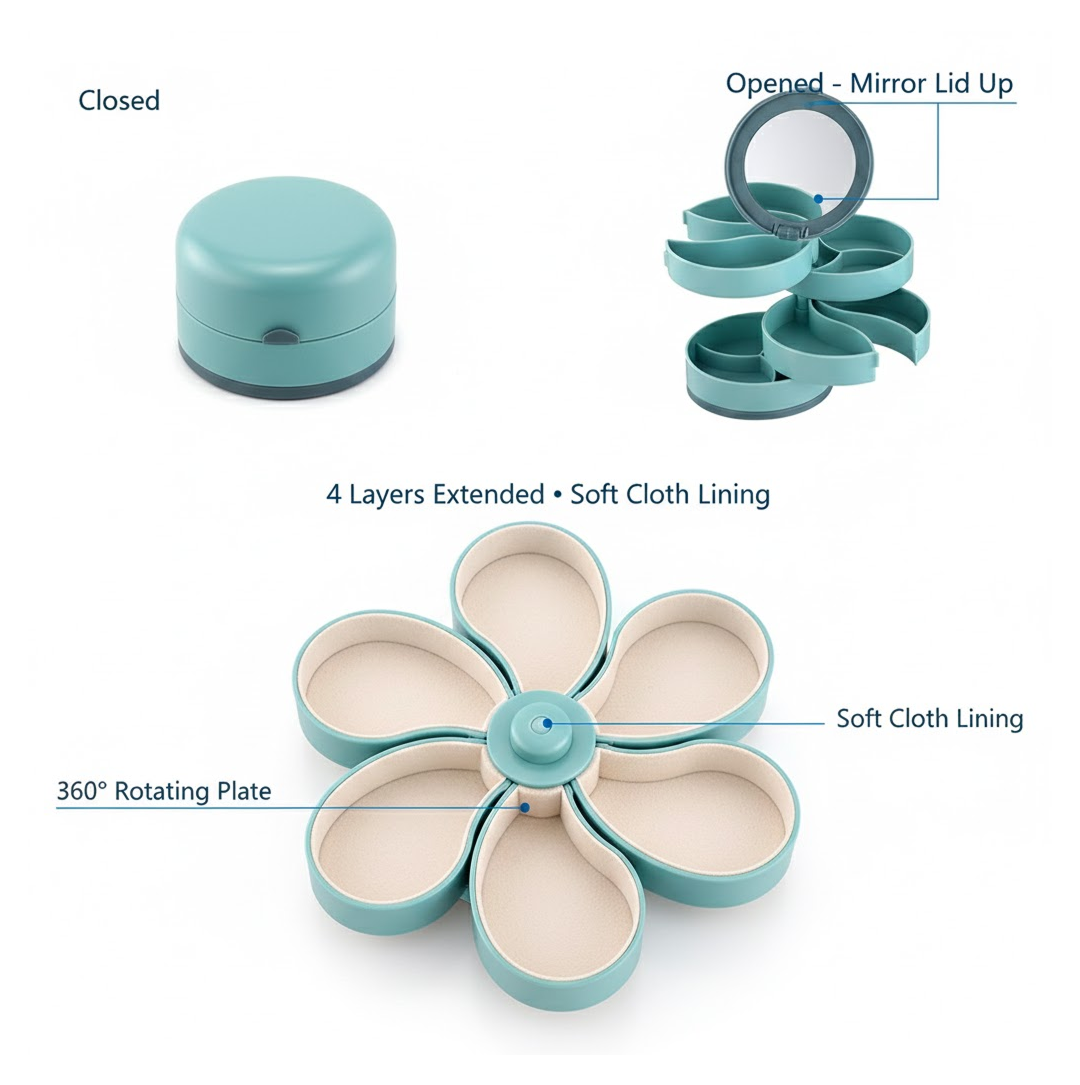 4 Layers Jewellery Box, 360 Degree Rotating Jewelry Box, Jewelry and Earring Organizer Box with Mirror, Accessory Storage Box, Travel Decor Portable Jewelry Case Ornaments Storage Box Necklace Jewelry Organizer Jewelry Organizer Box