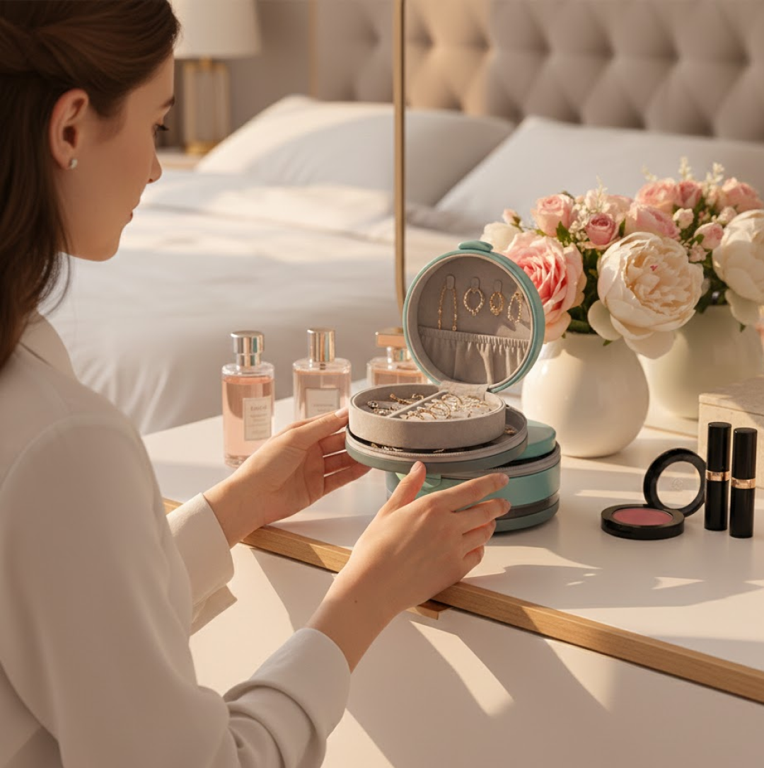 4 Layers Jewellery Box, 360 Degree Rotating Jewelry Box, Jewelry and Earring Organizer Box with Mirror, Accessory Storage Box, Travel Decor Portable Jewelry Case Ornaments Storage Box Necklace Jewelry Organizer Jewelry Organizer Box