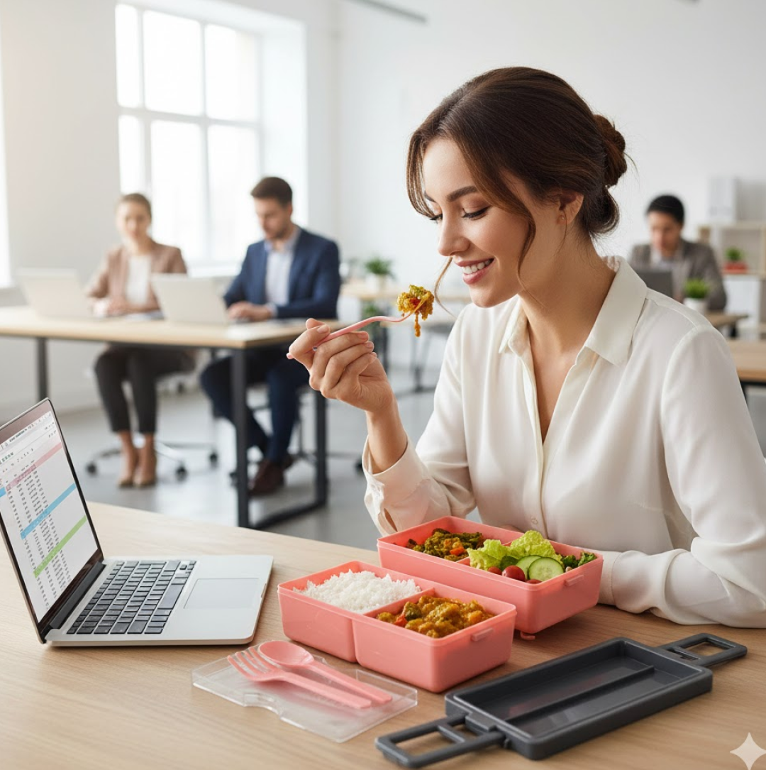 Plastic 2 Layer Leak Proof 3 Compartment Lunch Box for Office  (1 Pc)