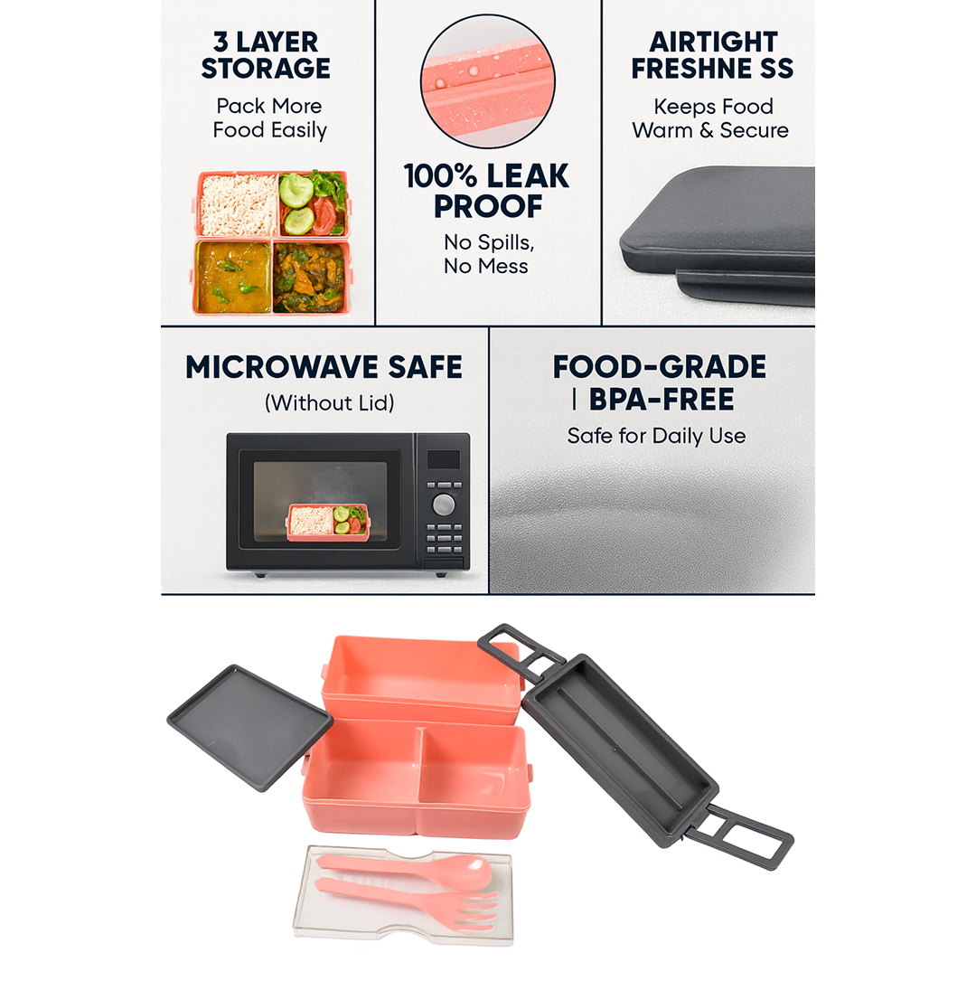 Plastic 2 Layer Leak Proof 3 Compartment Lunch Box for Office  (1 Pc)