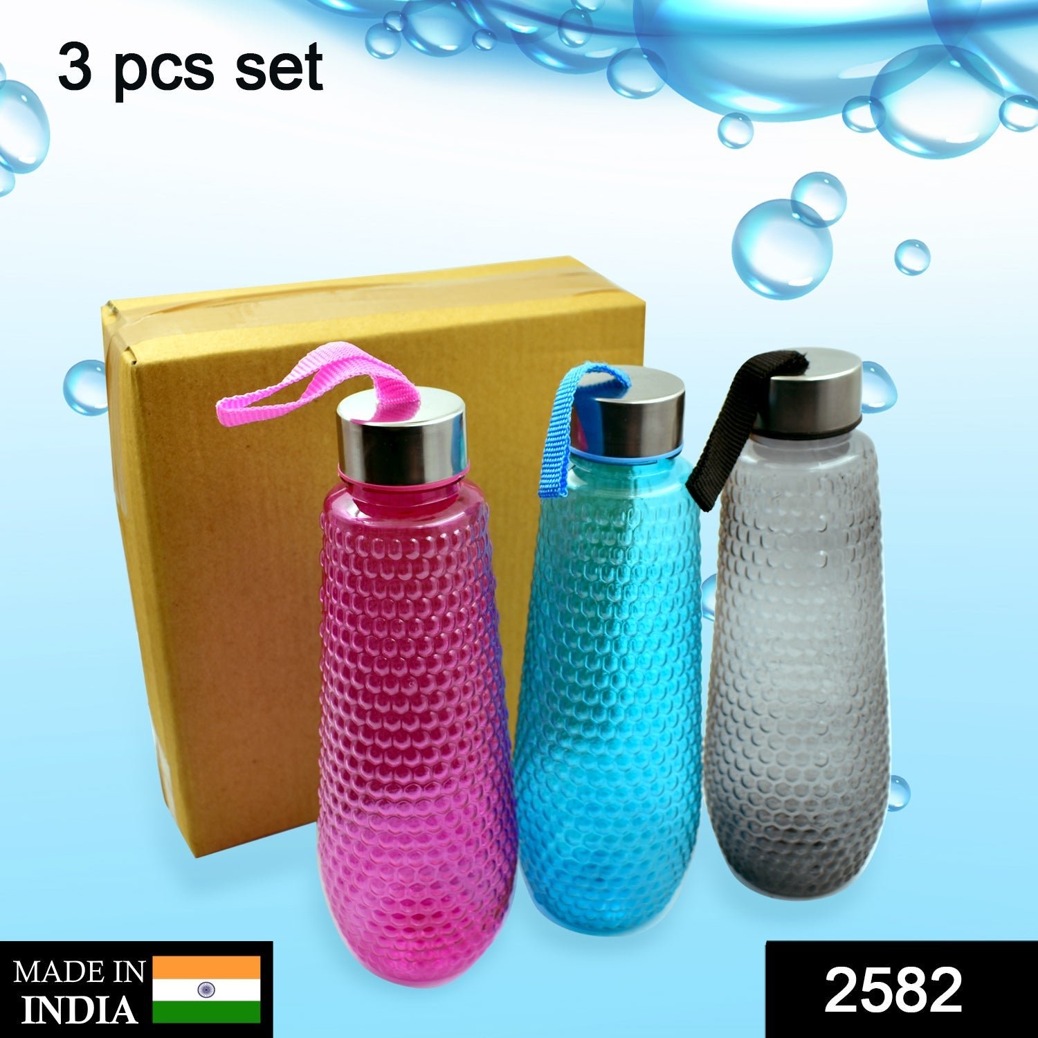 Plastic Fridge Water Bottle Set With Steel Finish Cap (3 Pieces 1 litre)