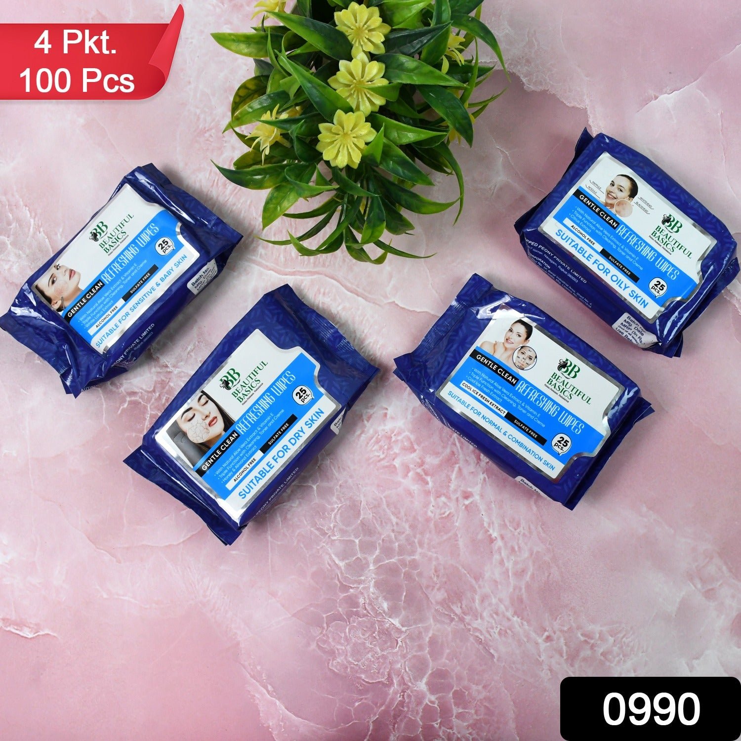 Beautiful Basics Dry, Oily, Sensitive & Normal Skin Face Wipes (4Pkt x 100 Pcs)