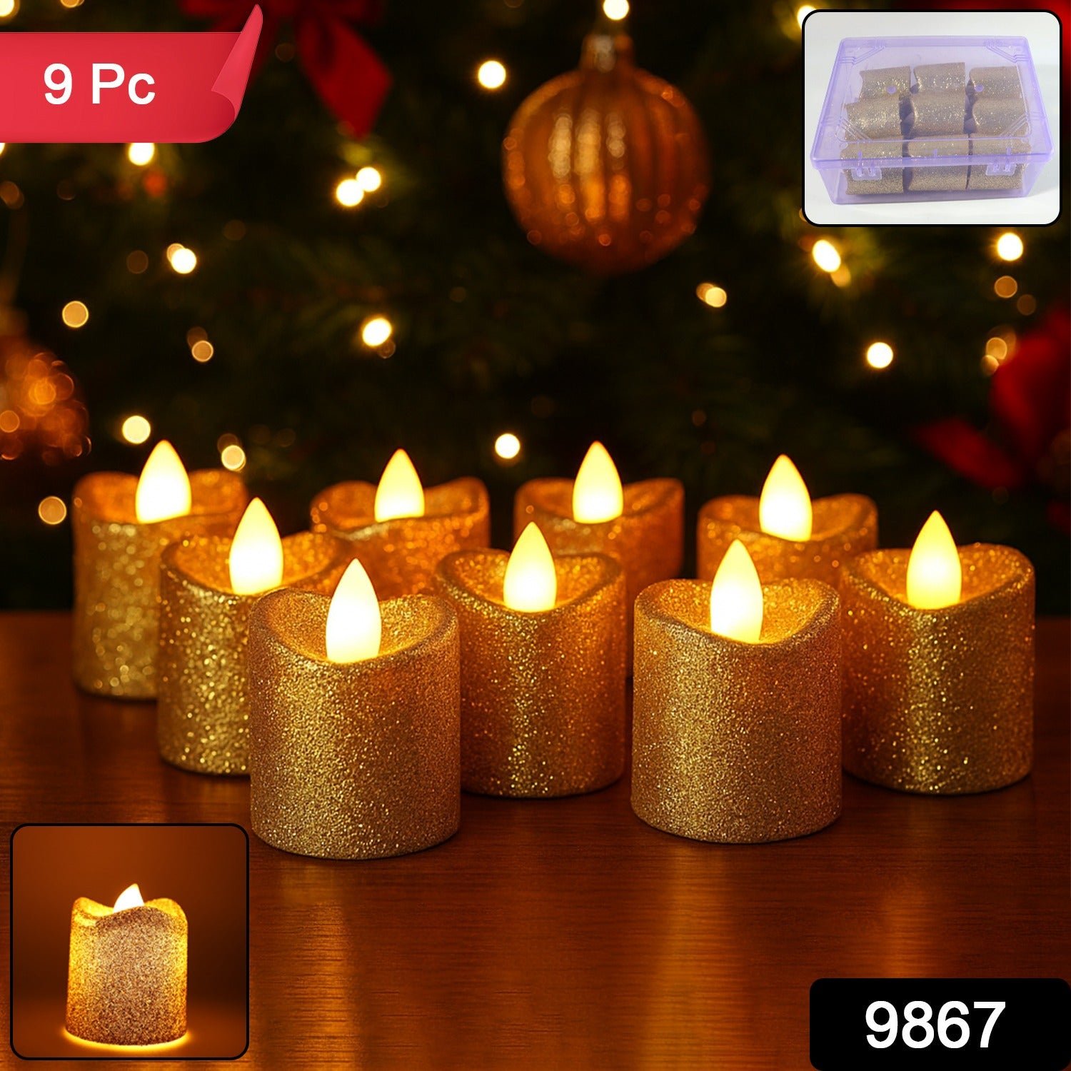 Christmas Premium Glitter LED Tealight Candles (9 Pc Set)