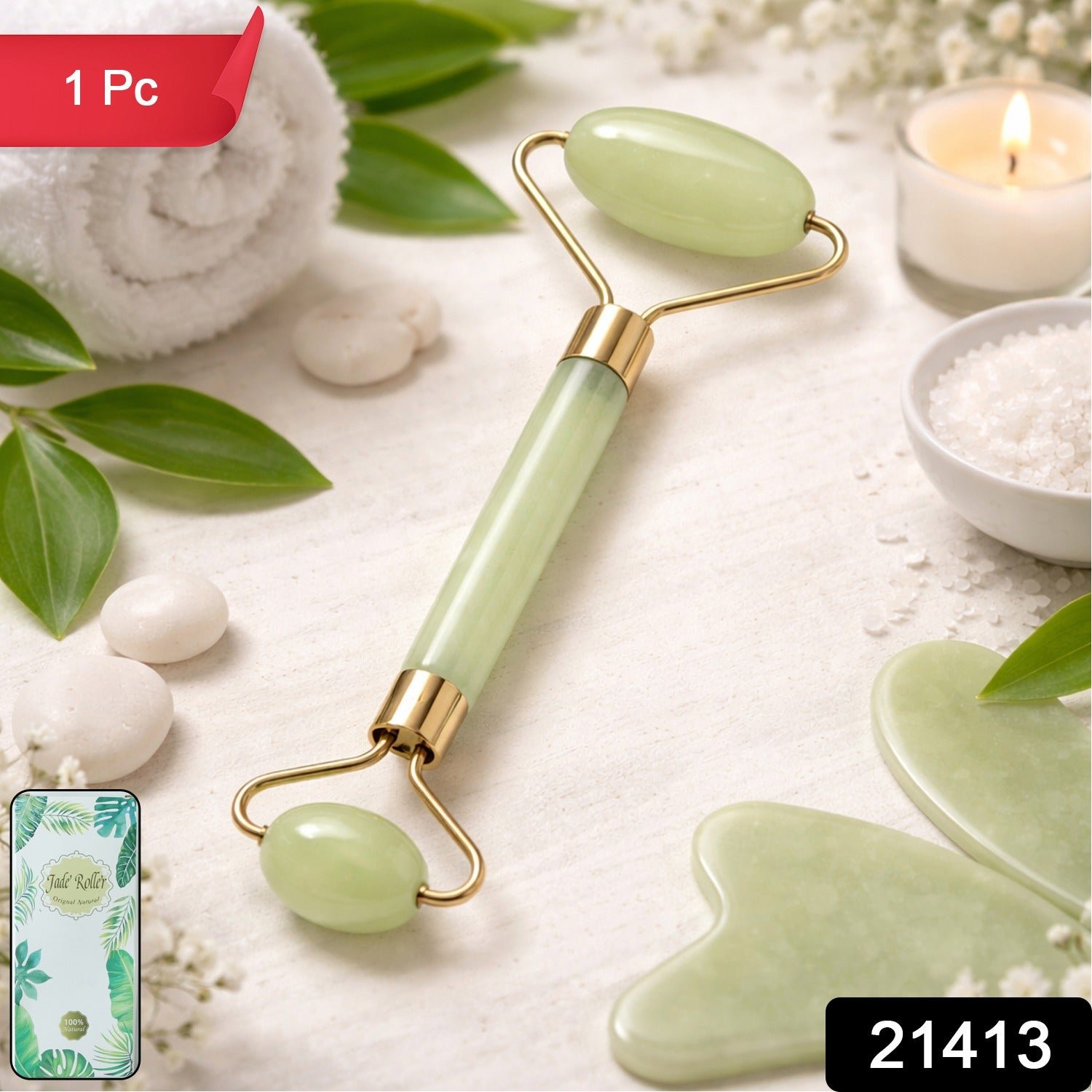 Premium Dual Head Jade Stone Face Roller & Gua Sha Massage Tool Set (1 Pc)
