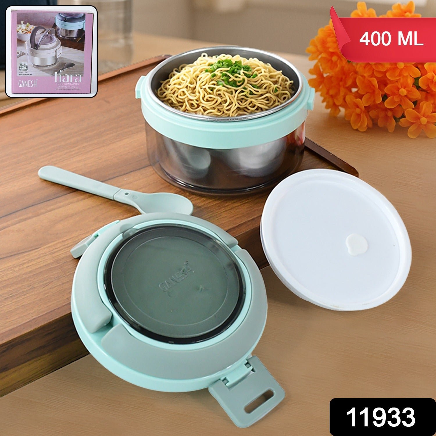 Ganesh Tiara 400ml Stainless Steel Insulated Lunch Box Leakproof Lid & Folding Spoon