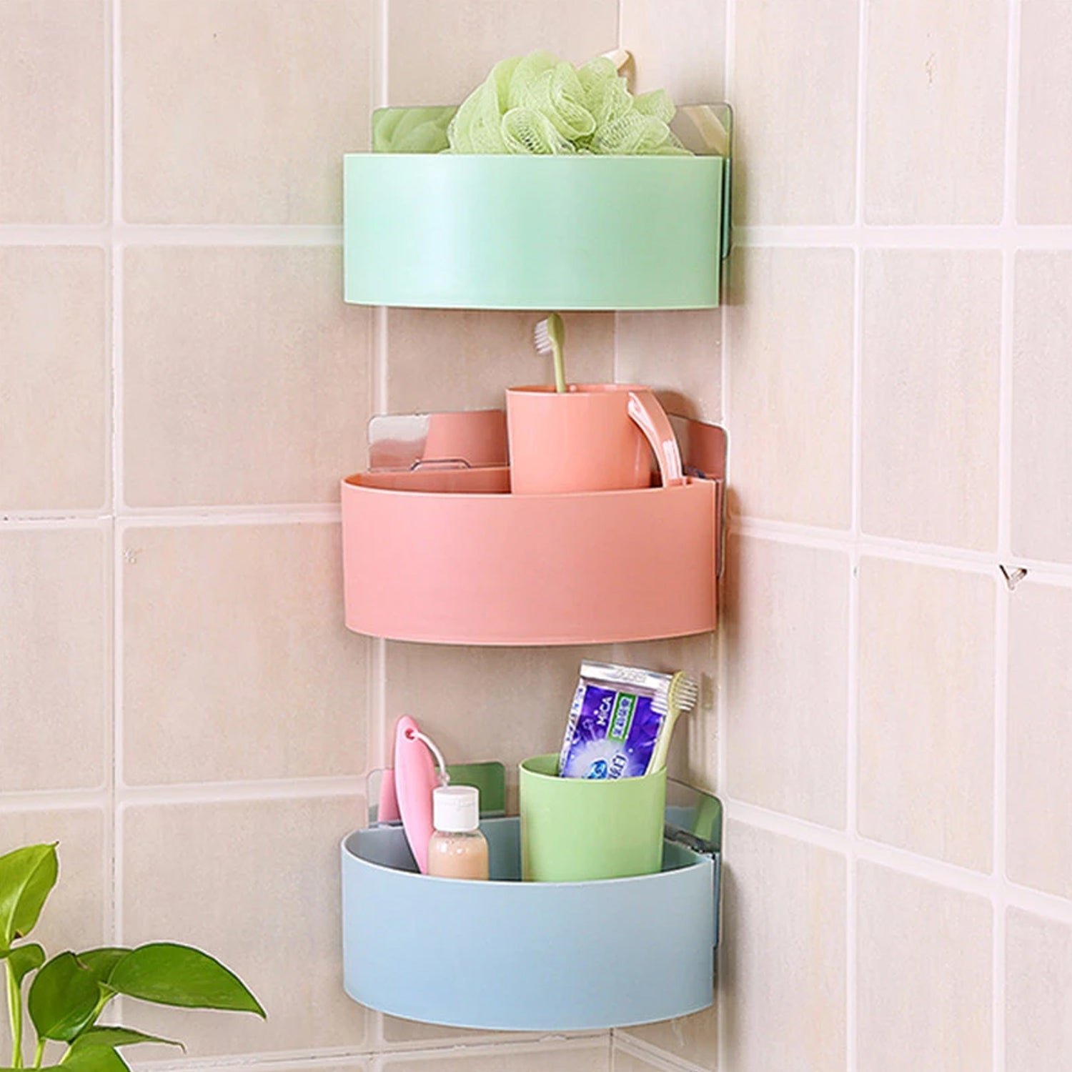 Corner Shelf Bathroom Kitchen Rack Self Adhesive Wall Mount Storage Basket