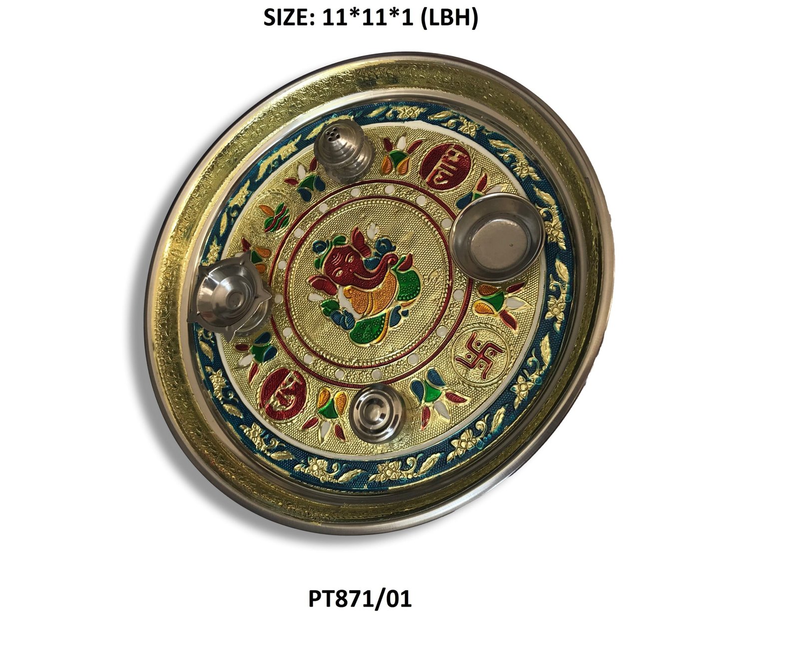 Stainless Steel Pooja Thali with Golden Chain, Diamond, Pearl & Fancy Stones