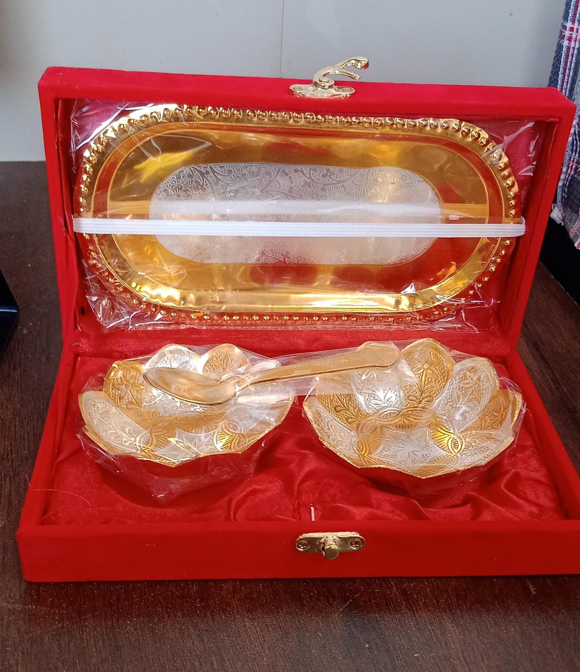 5-in-1 Gold & Silver Plated Bowl Spoon Tray Set with Velvet Gift Box