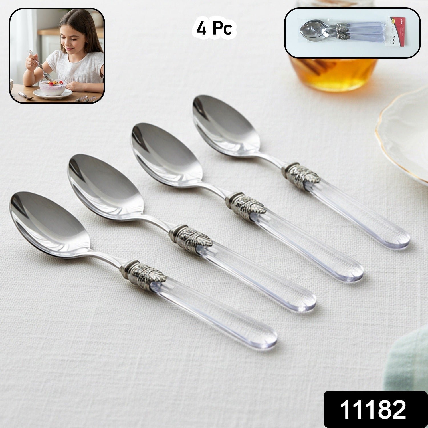 Premium Stainless Steel Dessert Spoon With Plastic Handle Set (4 Pc Set)