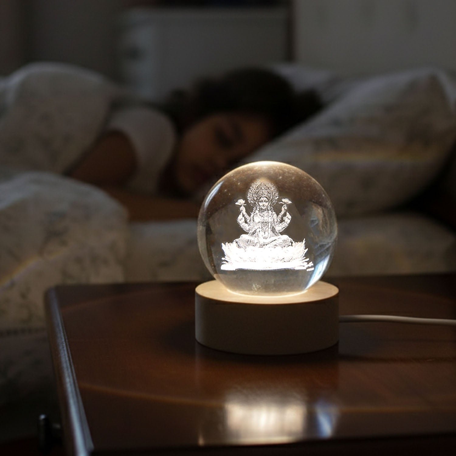 3D Crystal Lakshmi Ball LED Night Lamp with Wooden Base