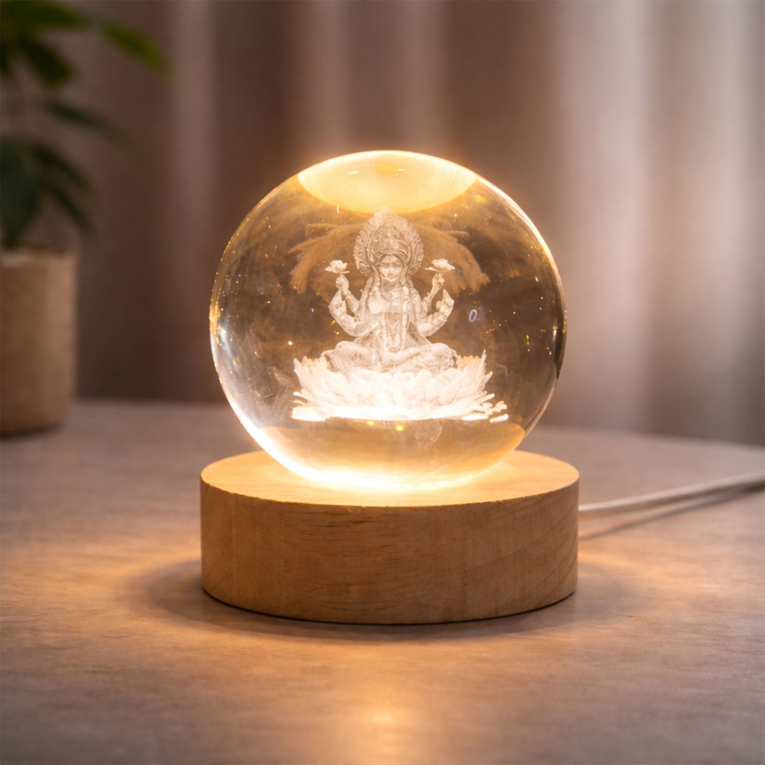 3D Crystal Lakshmi Ball LED Night Lamp with Wooden Base