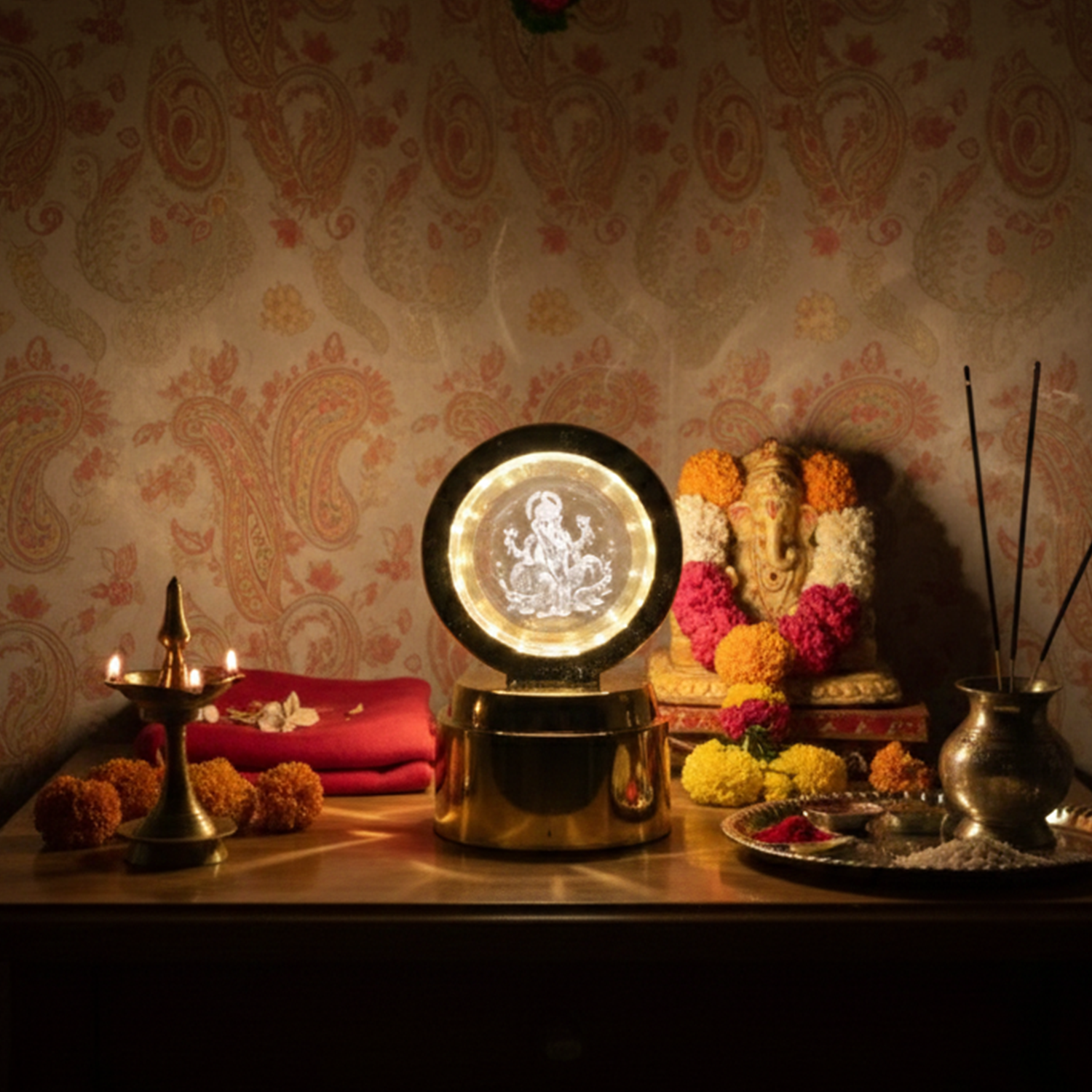 Ganpati Bapa 3D Crystal Ball Night Light with LED Illumination (1 Pc)