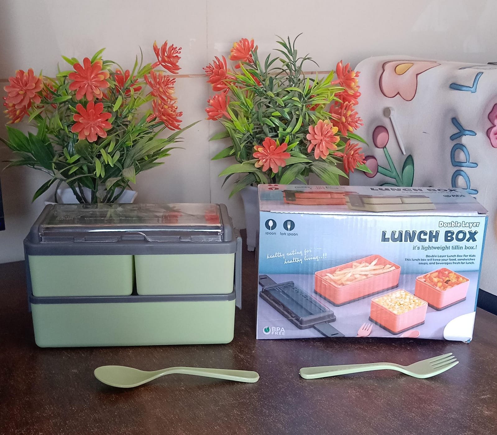 Plastic 2 Layer Leak Proof 3 Compartment Lunch Box for Office  (1 Pc)