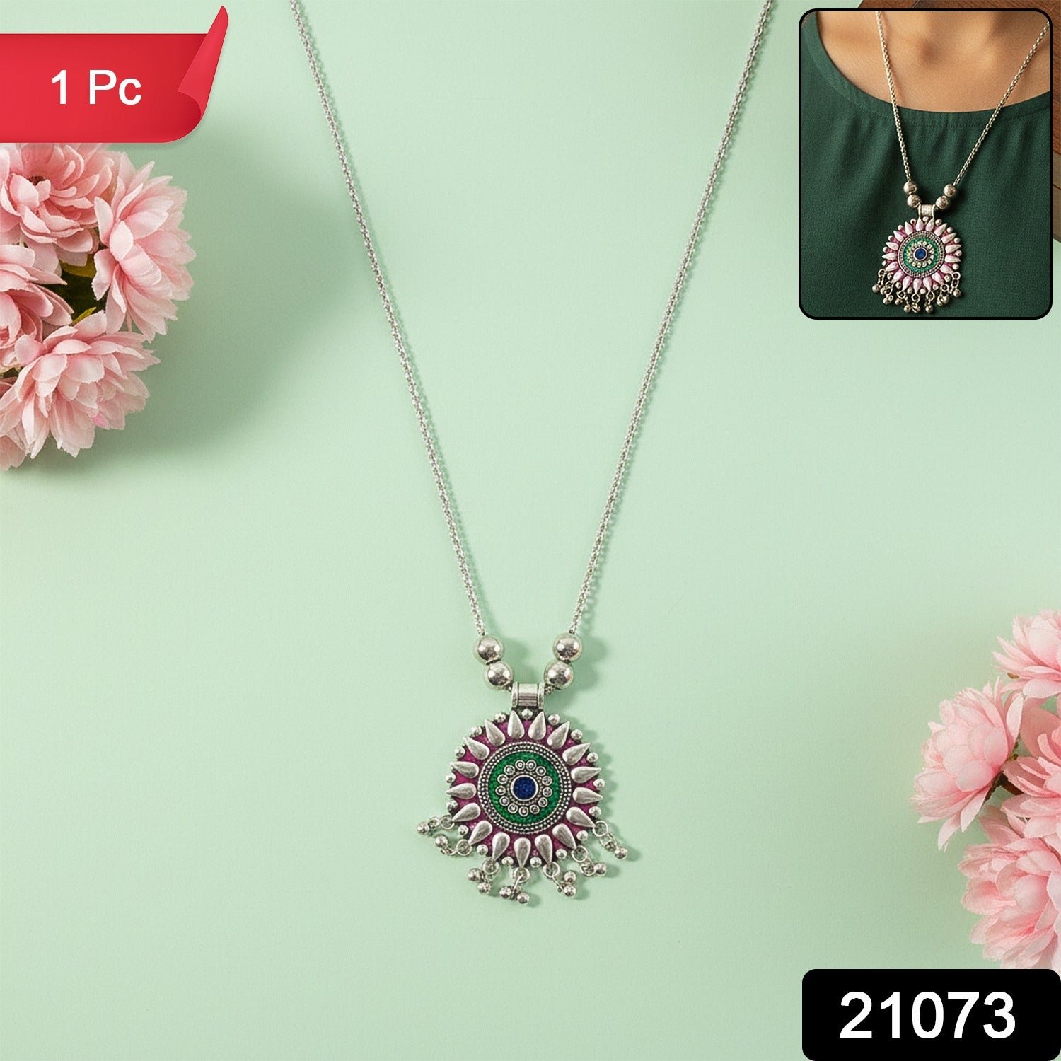 Antique Silver-Tone Oxidized Circular Enamel Pendant Necklace (1 Pc)