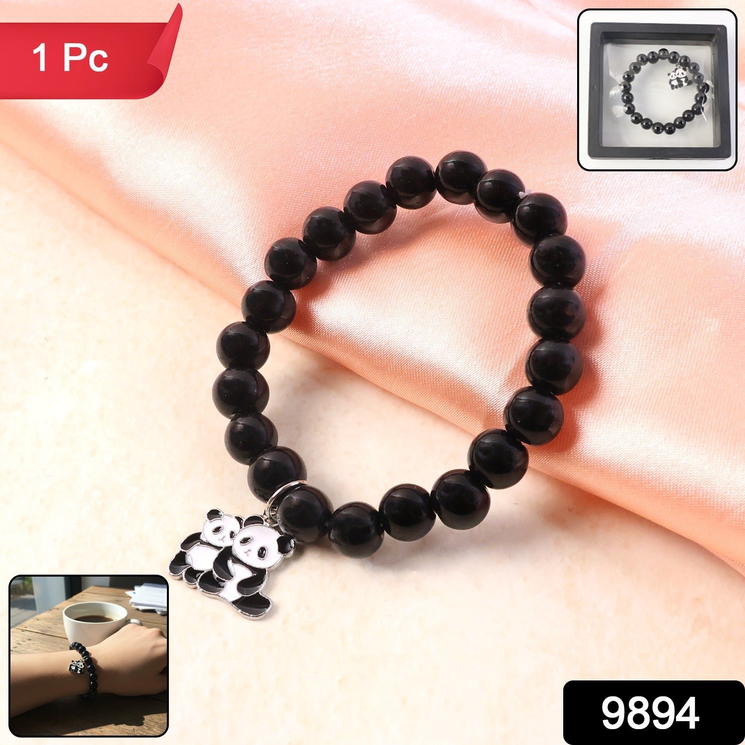 Premium Black Beaded Stretch Bracelet with Cute Panda Charm (1 Pc)