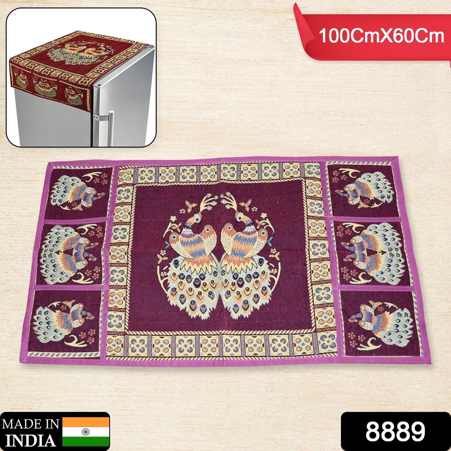 Cotton Fridge Top Cover with Side Pockets for Home Decor (100×60 CM)