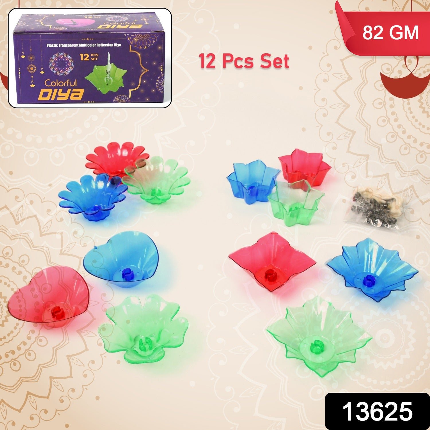 Colourful Reflection Diya Combo Plastic Candle Cup Multi Shape, Diwali (12 Pcs Set)