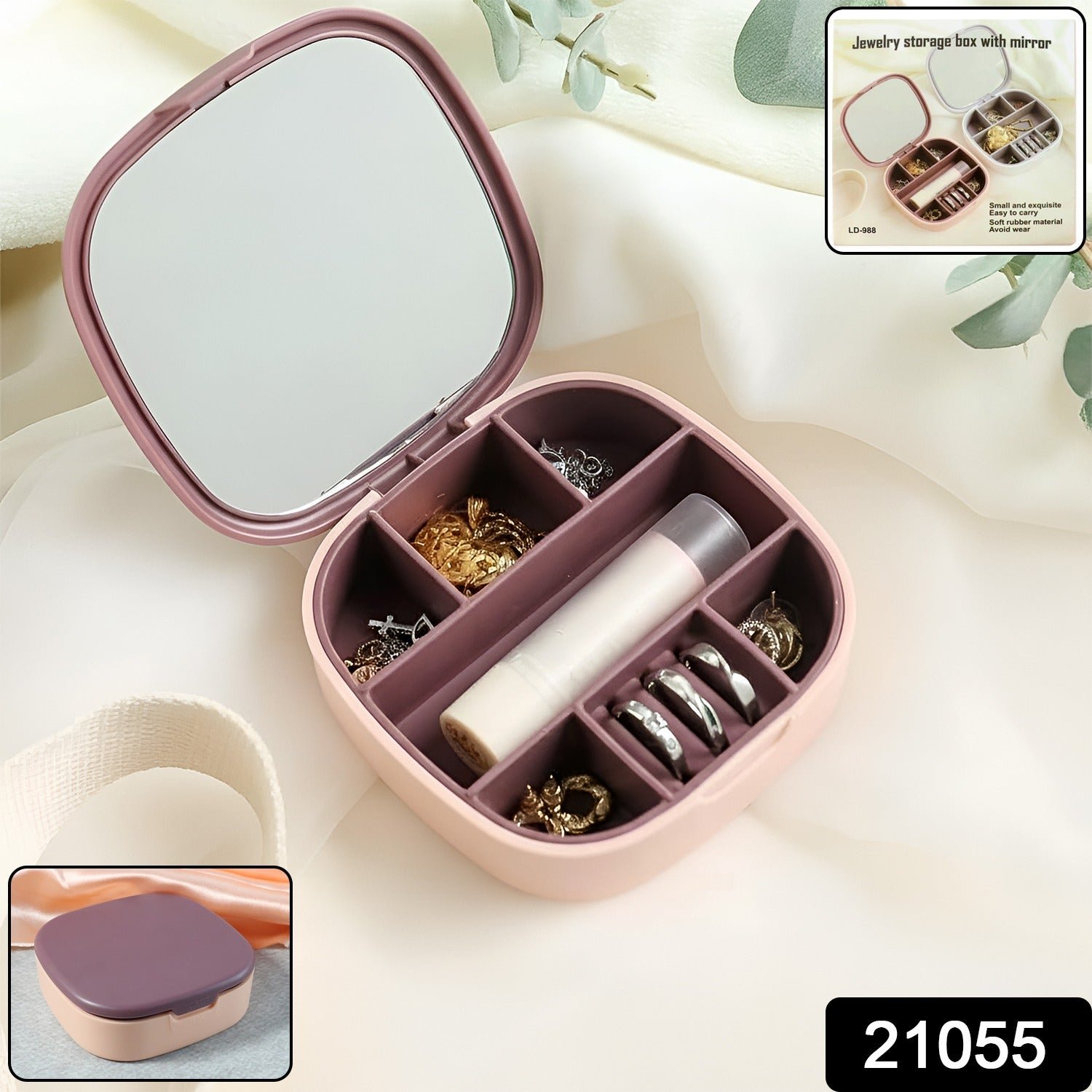 Plastic Jewelry Storage Box with Built-in Mirror & Multi-Section (1 Pc)