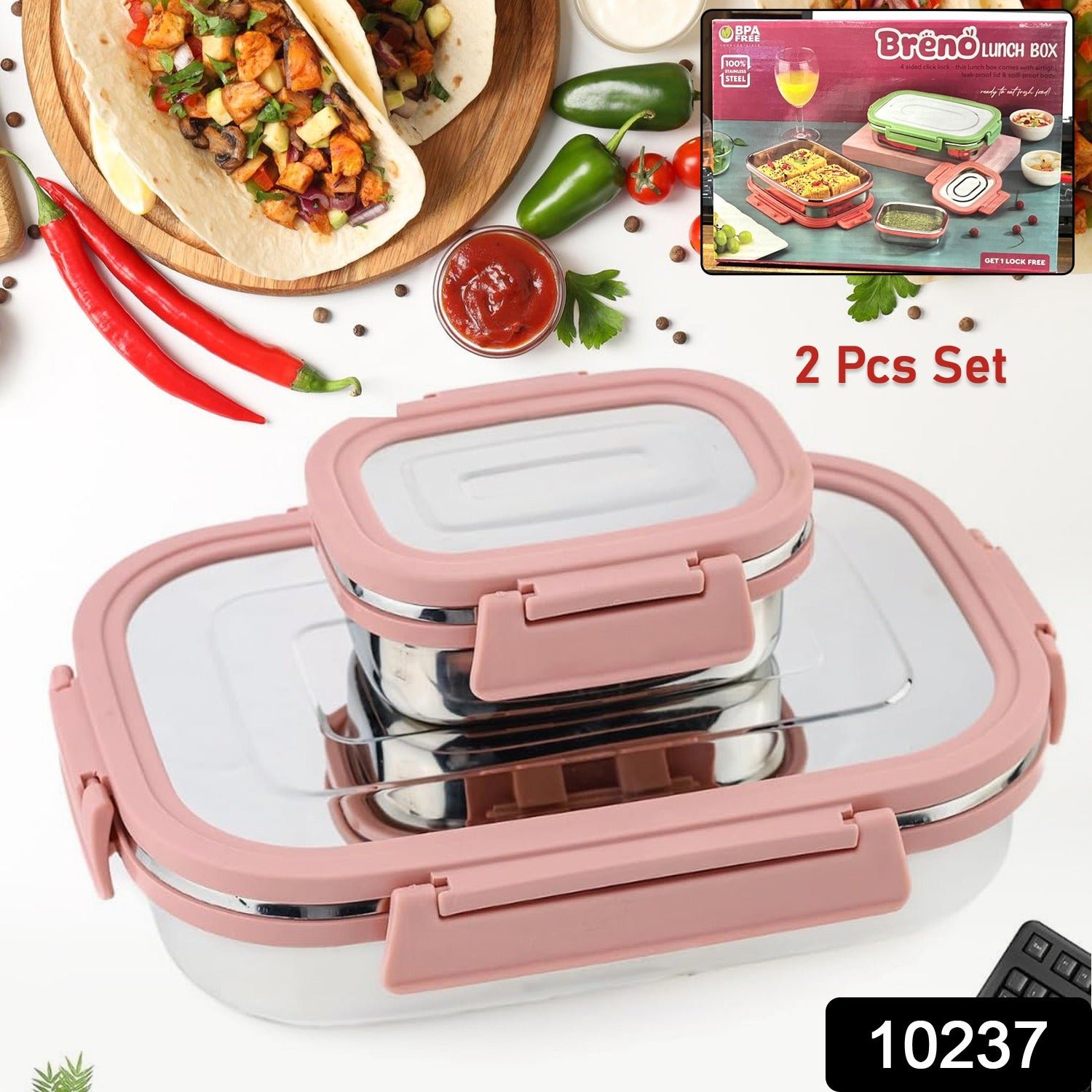 Stainless Steel Leak Proof Air Tight Lunch Boxes (900ML+200ML Approx / 2 Pc Set)