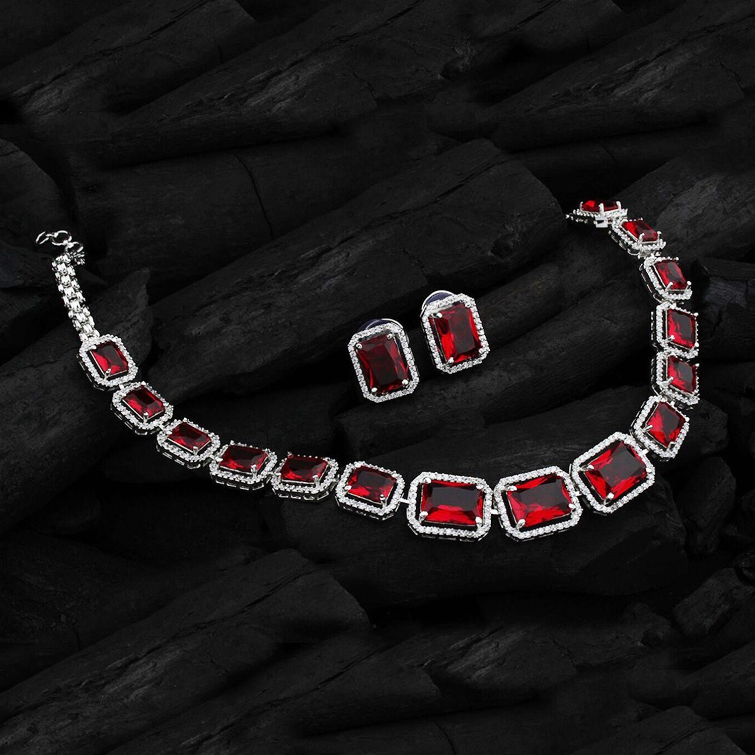 Diamond Necklace and Earrings Set (1 Set / Mix Color)