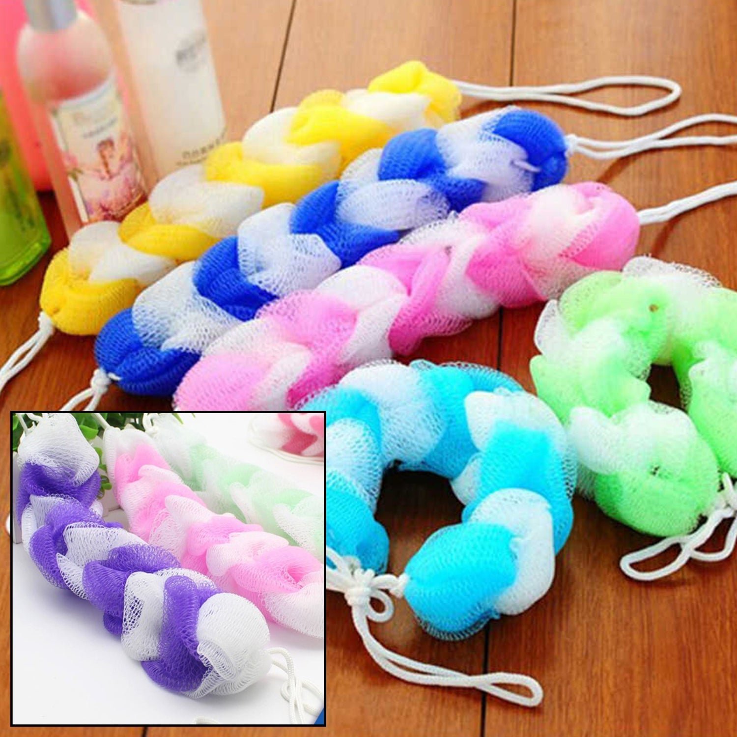 Hanging Small Loofah Sponge Poufs – Body Scrubbers for Bath & Shower (Pack of 6)