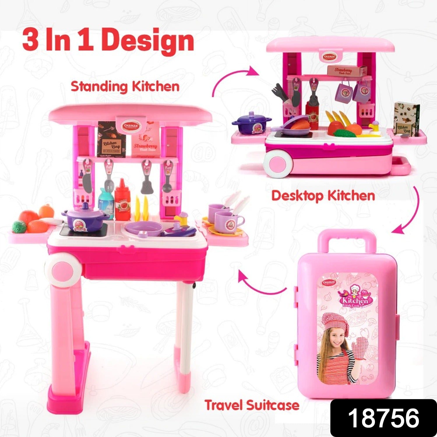 Kitchen Set Kids with Suitcase Role Play Cooking Toy for Girls & Boys (3+)