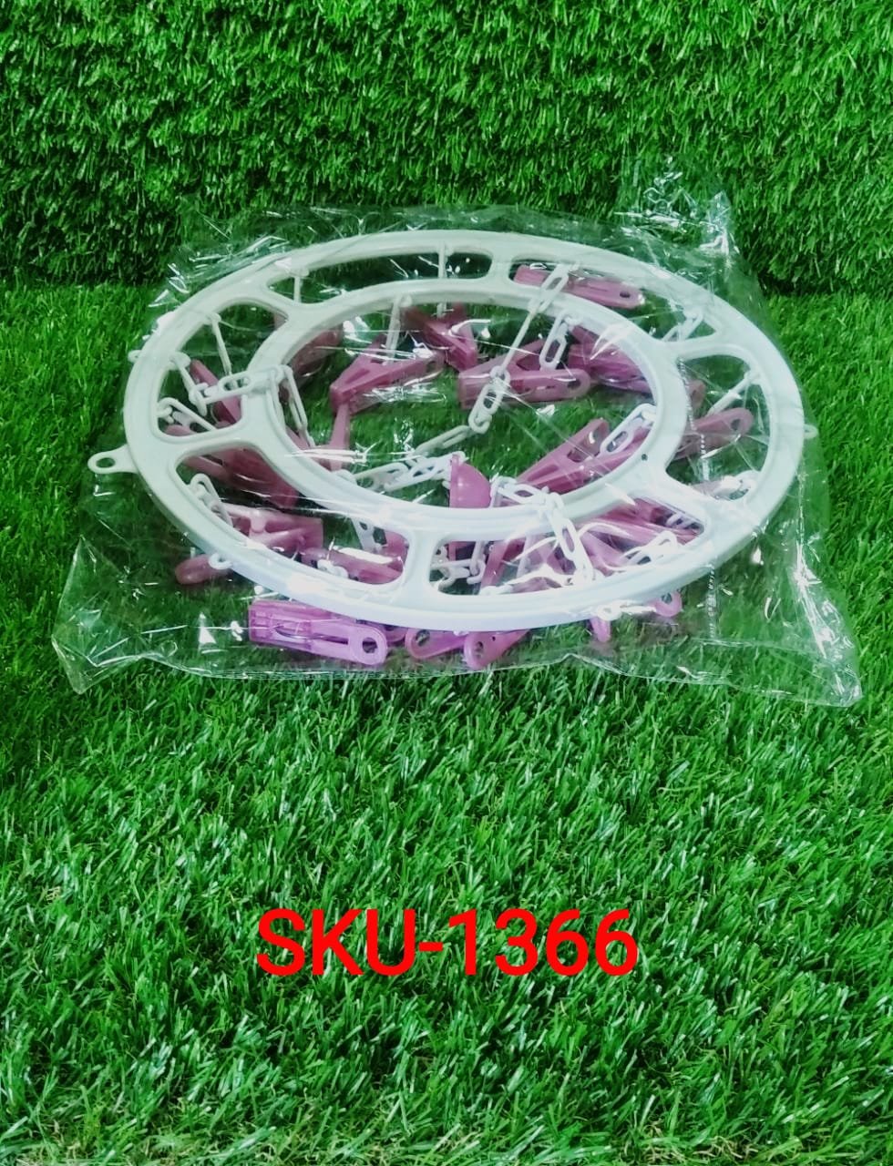 Plastic Round Cloth Drying Stand Hanger with 18 Clips (Multicolour)