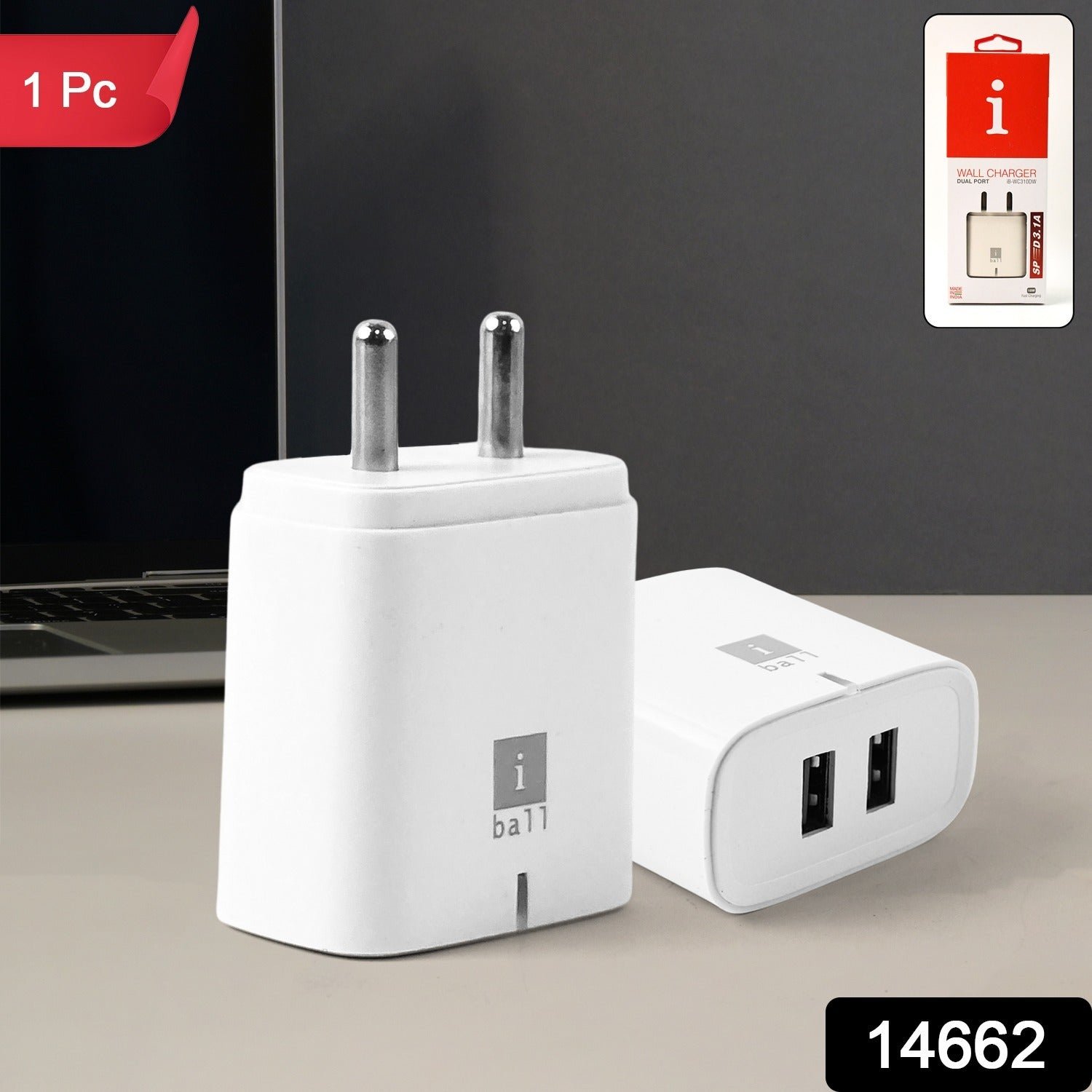 iBall Dual USB Wall Charger 5V/3.1A – High-Speed Dual Port Fast Charging (1 Pc)