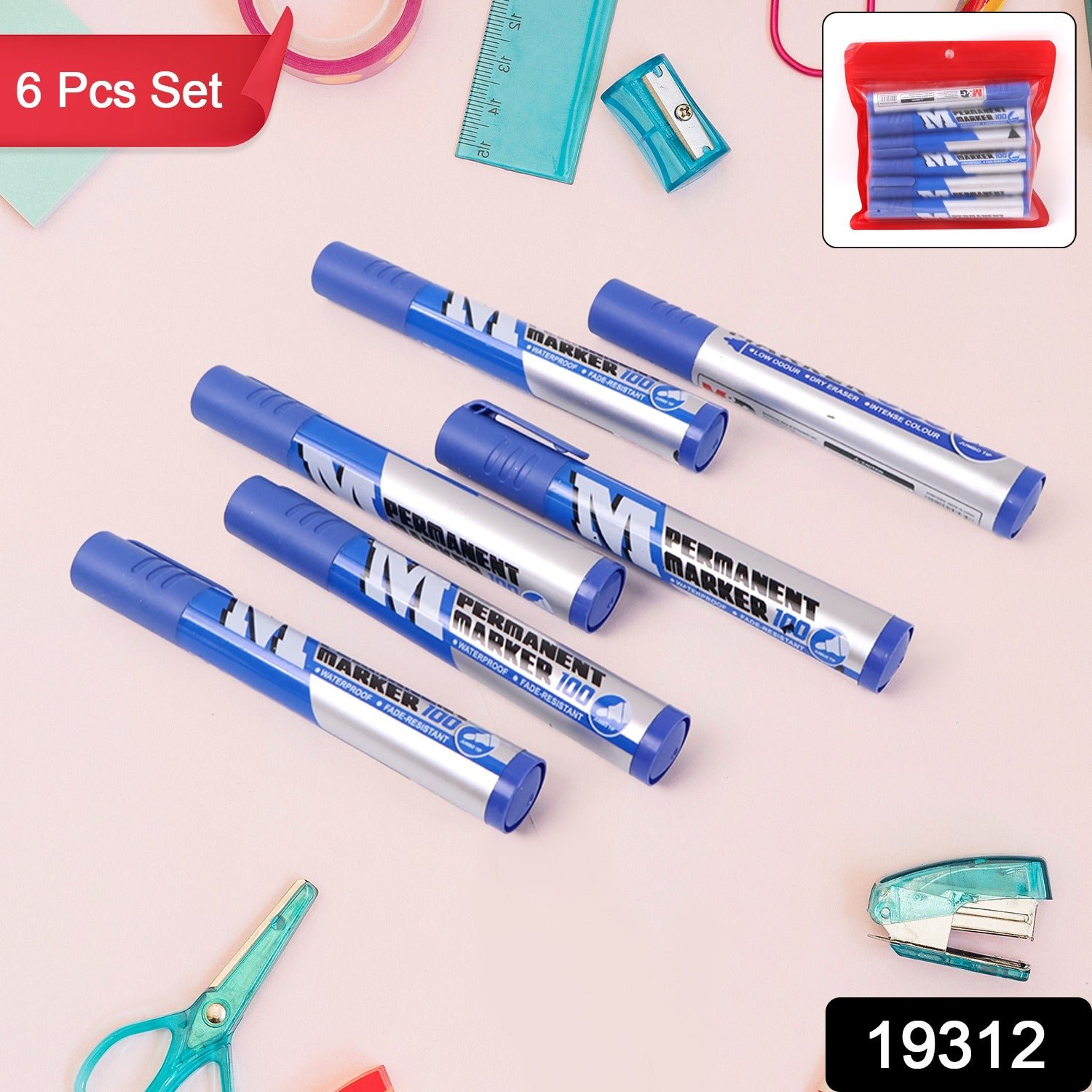 Premium Permanent Blue Marker Pen Set (6 Pcs Set)