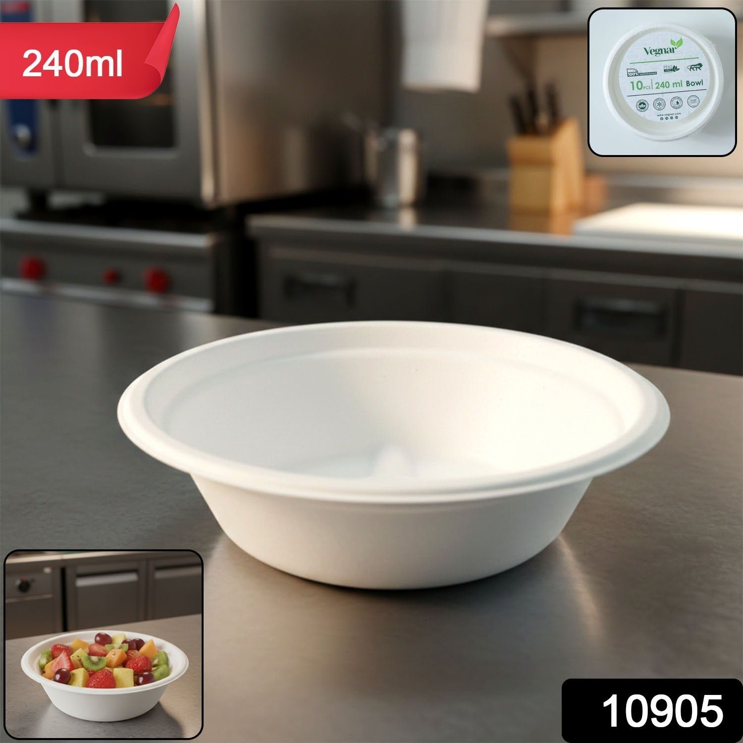 Vegnar 240 ml Compostable Bagasse Bowl (10 Pc)