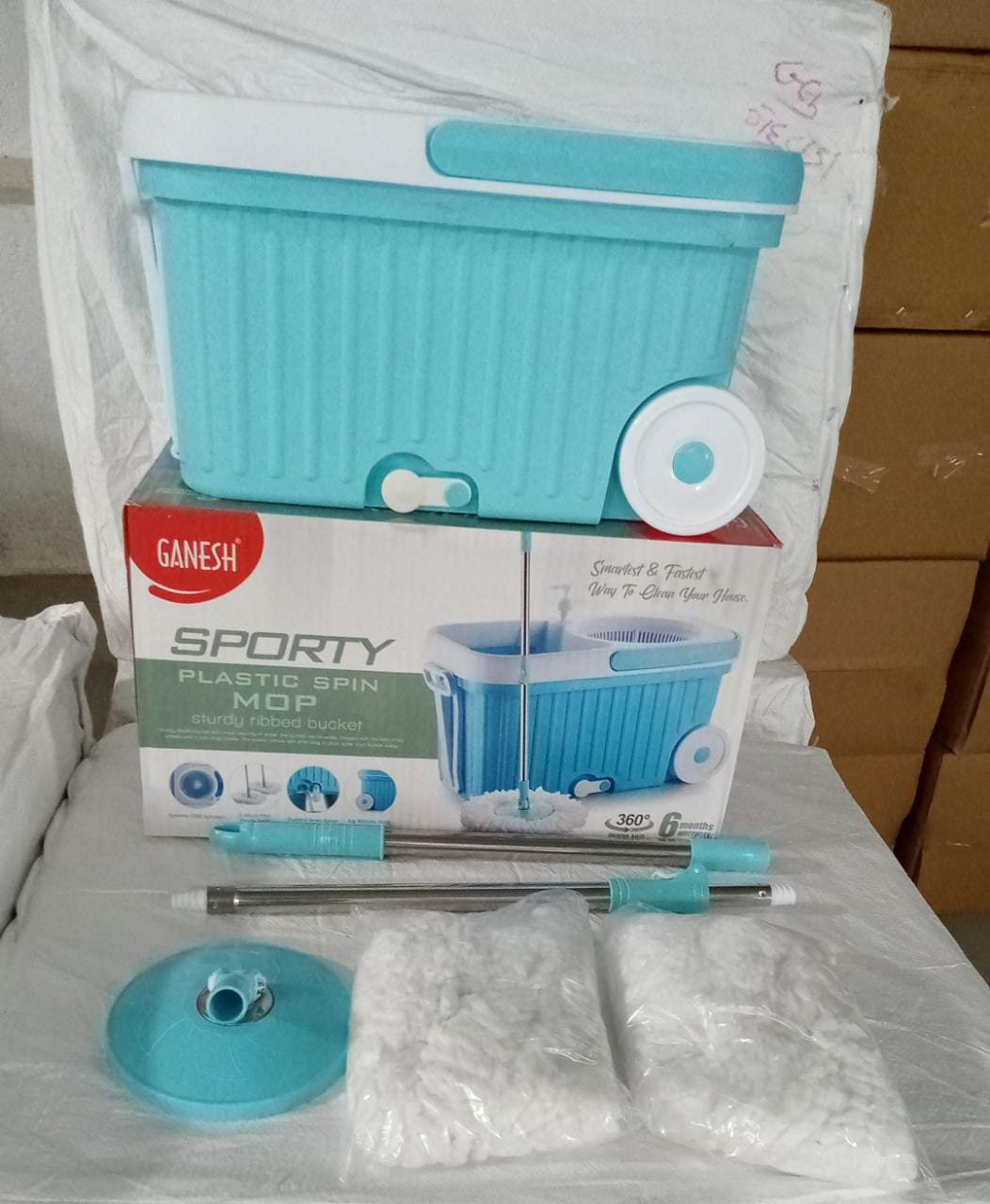 Sporty Plastic Spin Mop with Bigger Wheels & Auto Fold Handle for 360° Cleaning