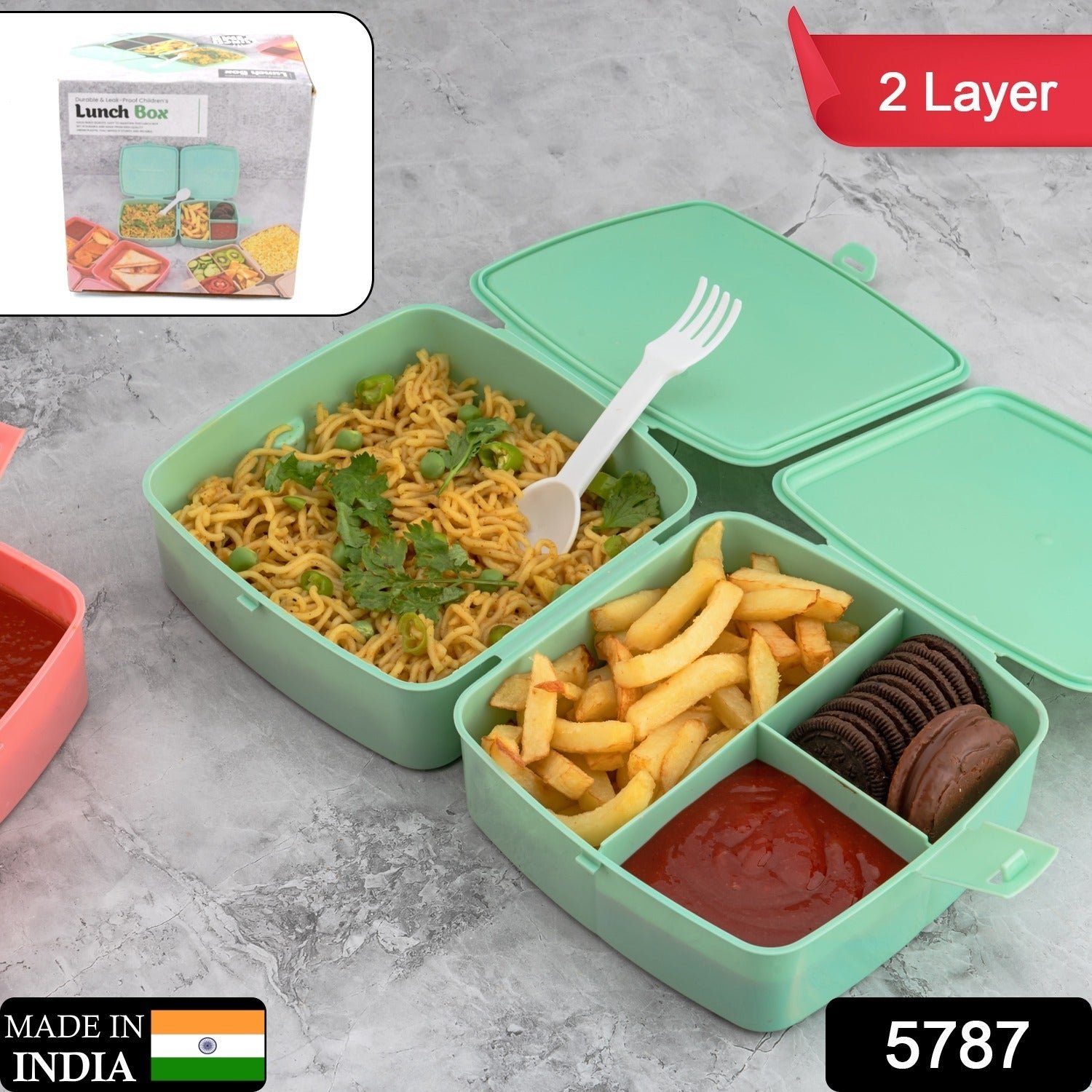Double-Layer Square Lunch Box with Spoon , 4 Compartment Tiffin & Push Lock