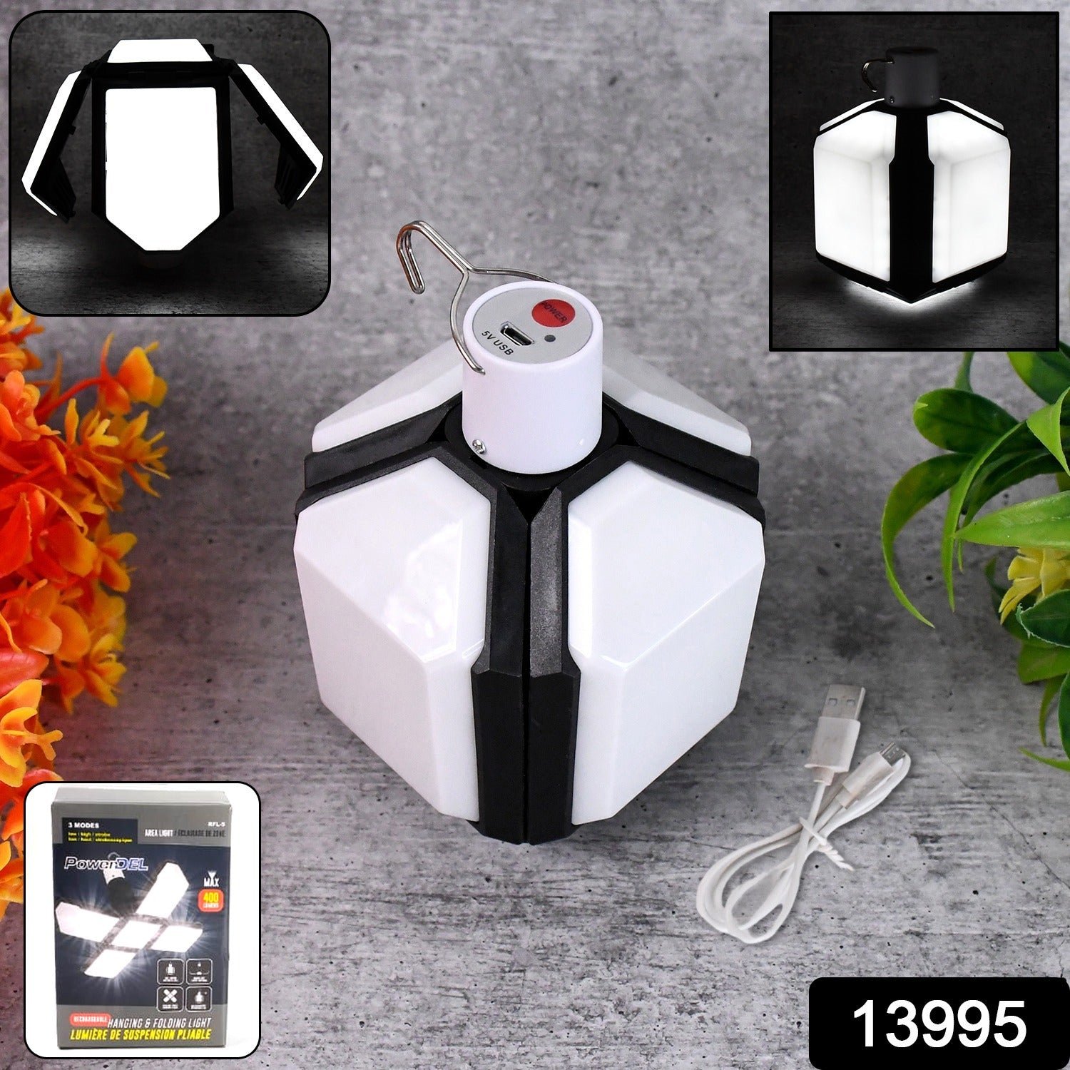 Foldable Camping Light USB Rechargeable LED Lamp with Hanging Hook (1 Pc)