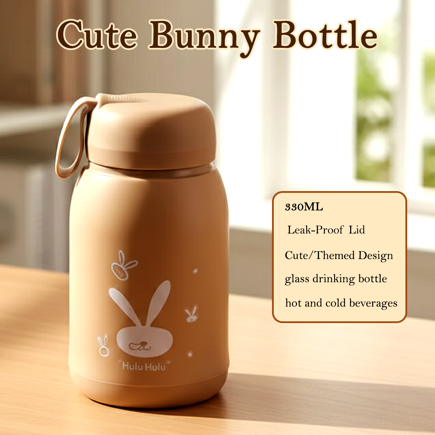 Cute Bunny Print Glass Drinking Brown Bottle (330ML / 1 Pc)