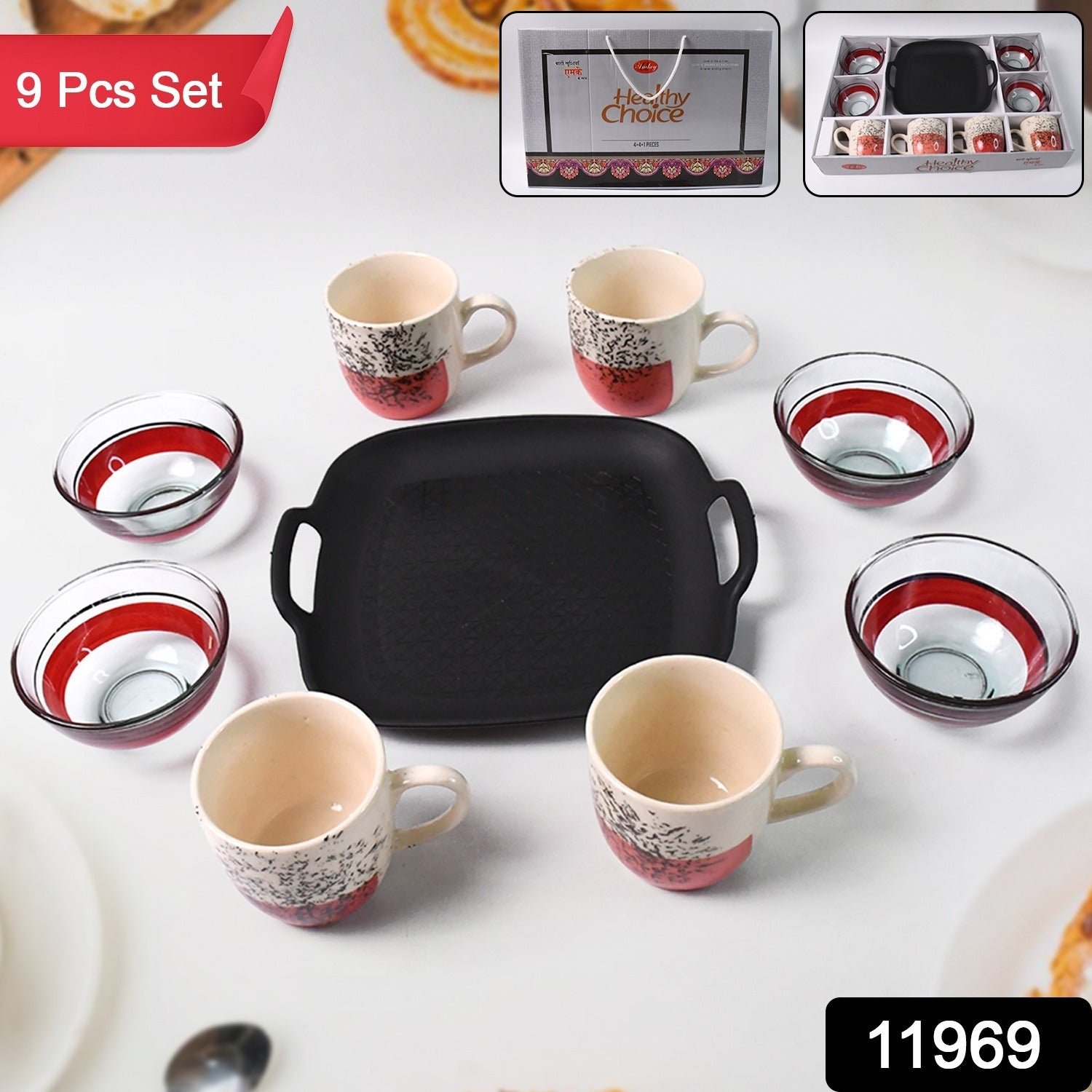 Set Of Ceramic Cup 4pc And Glass Bowl 4pc With Plastic Plate (9 Pcs Set)