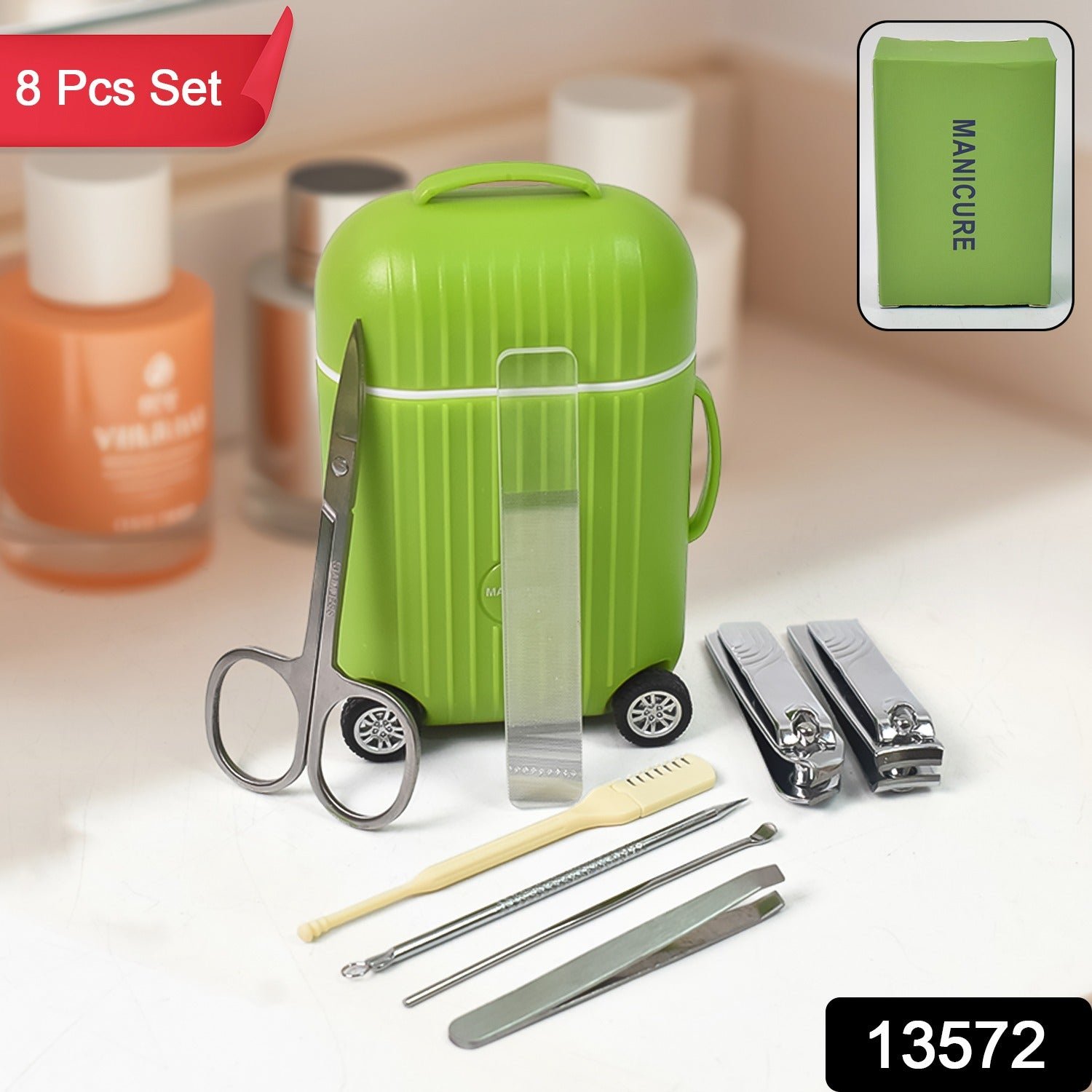 Manicure & Pedicure Kit – 8 Pc Grooming Set with 4-Wheel Suitcase Trolley