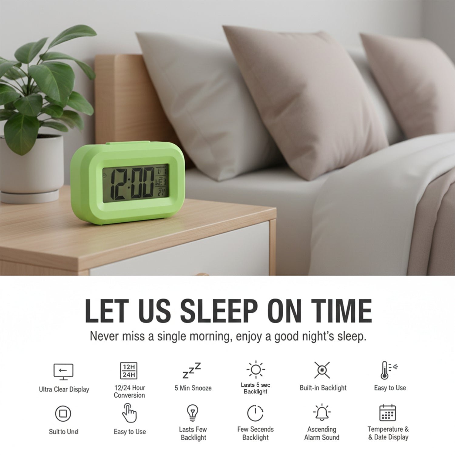Digital Alarm Clock with Clear Display (1 Pc)