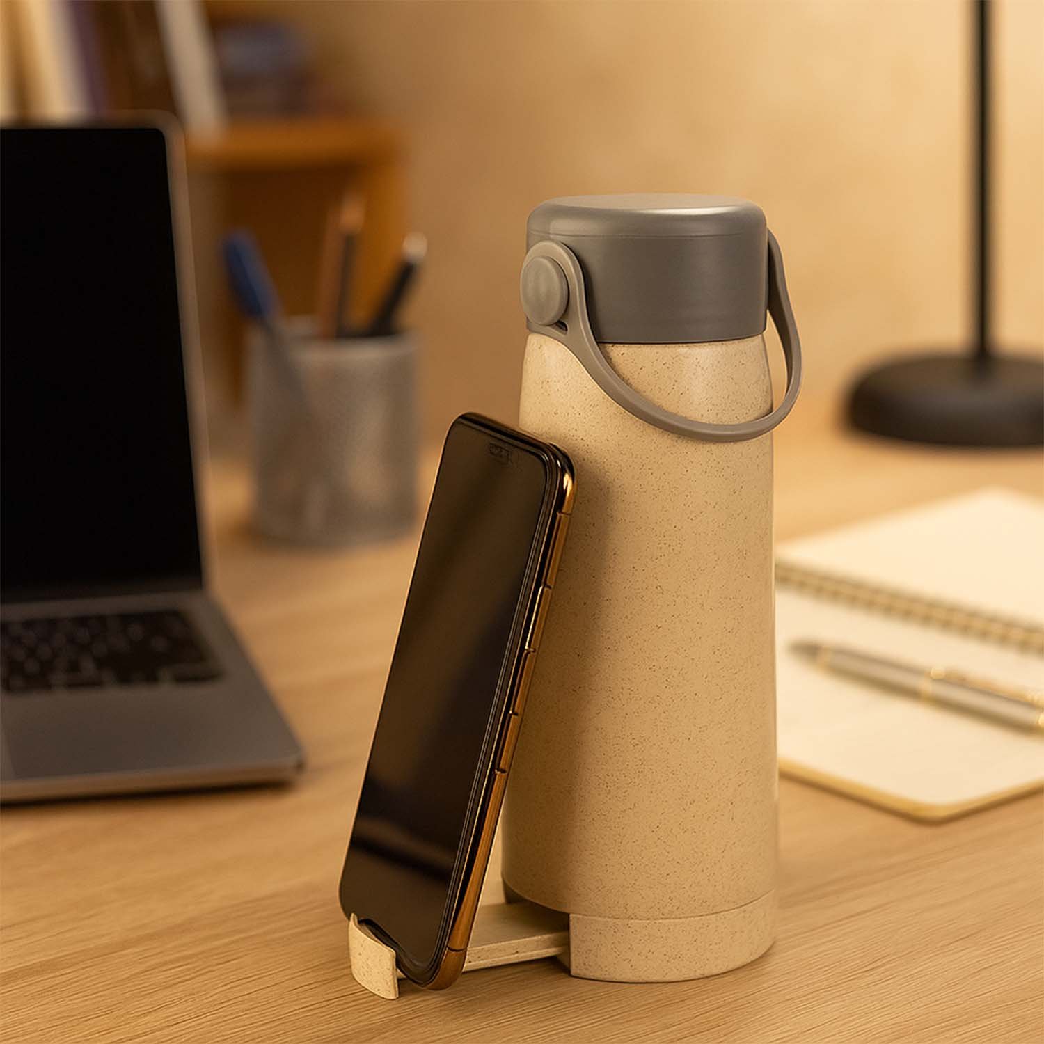 Creative Wheat Glass Water Bottle with Phone Holder (380ml)