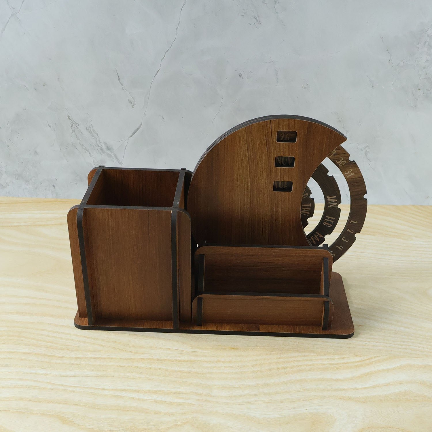 Wooden Desk Organizer Pen Stand With Rotating Calendar Wheel (1 Pc)