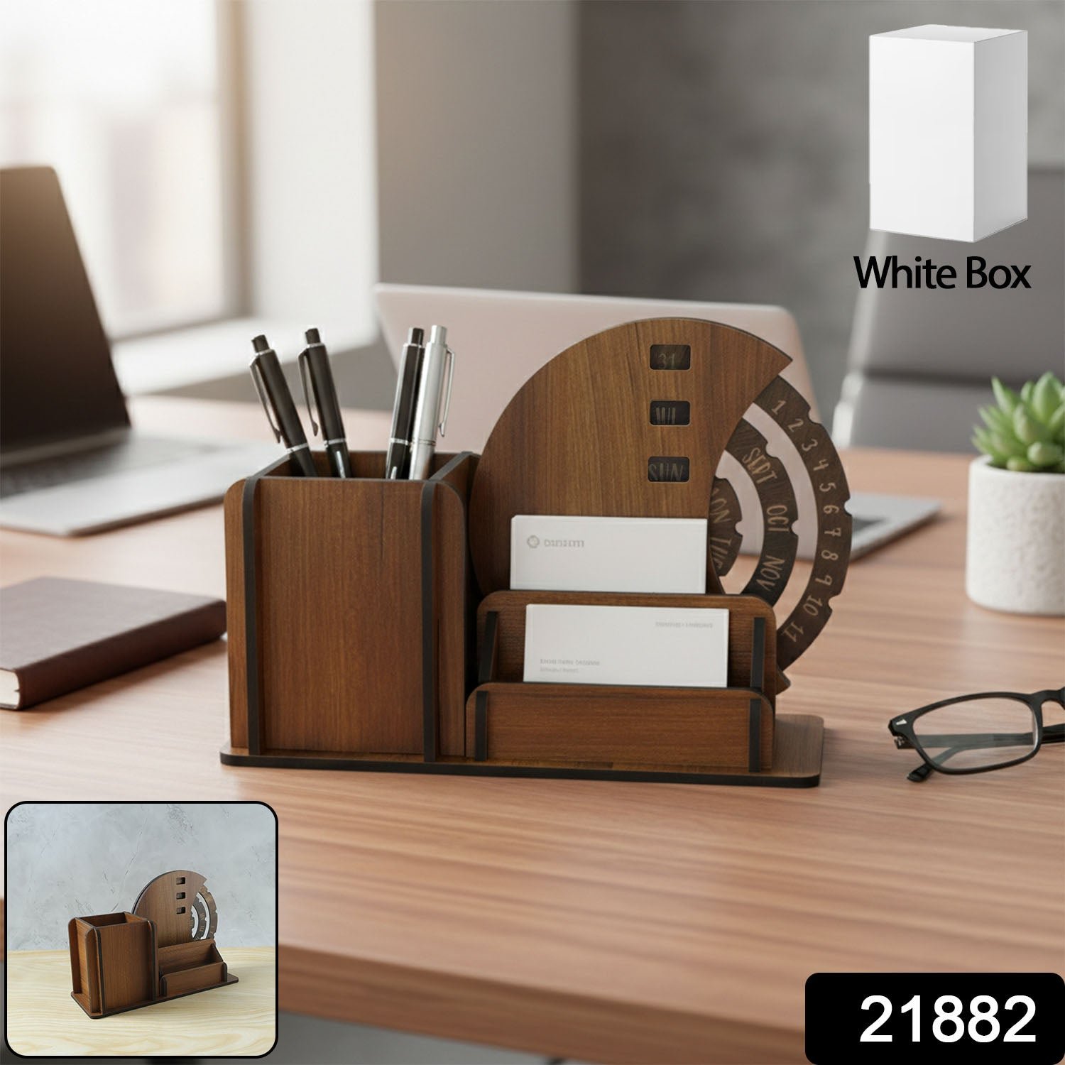 Wooden Desk Organizer Pen Stand With Rotating Calendar Wheel (1 Pc)