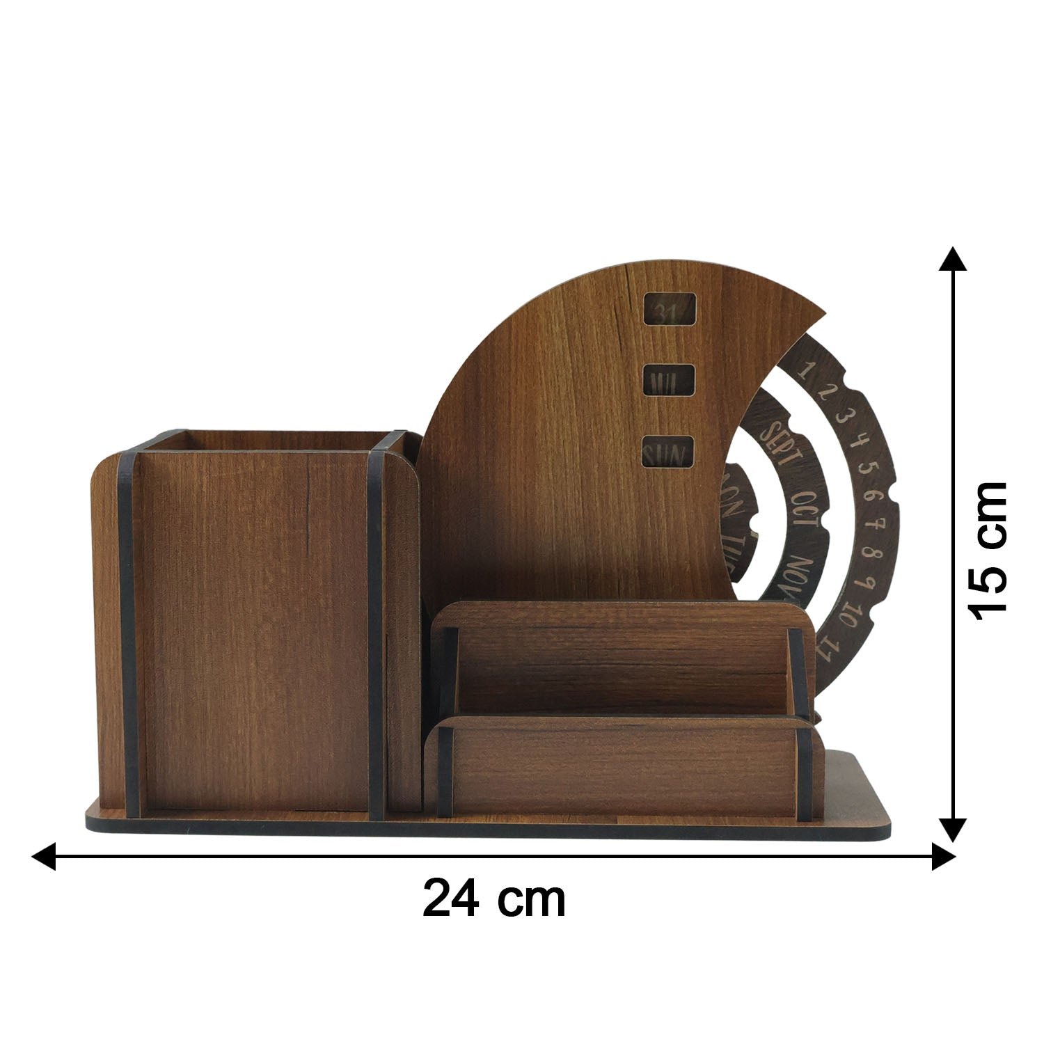Wooden Desk Organizer Pen Stand With Rotating Calendar Wheel (1 Pc)