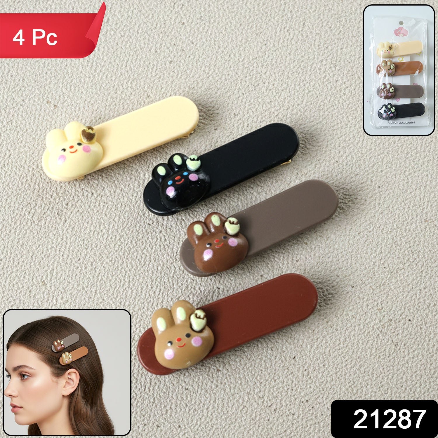 Cute Bunny Face Decorative Hair Clips Set (4 Pc)