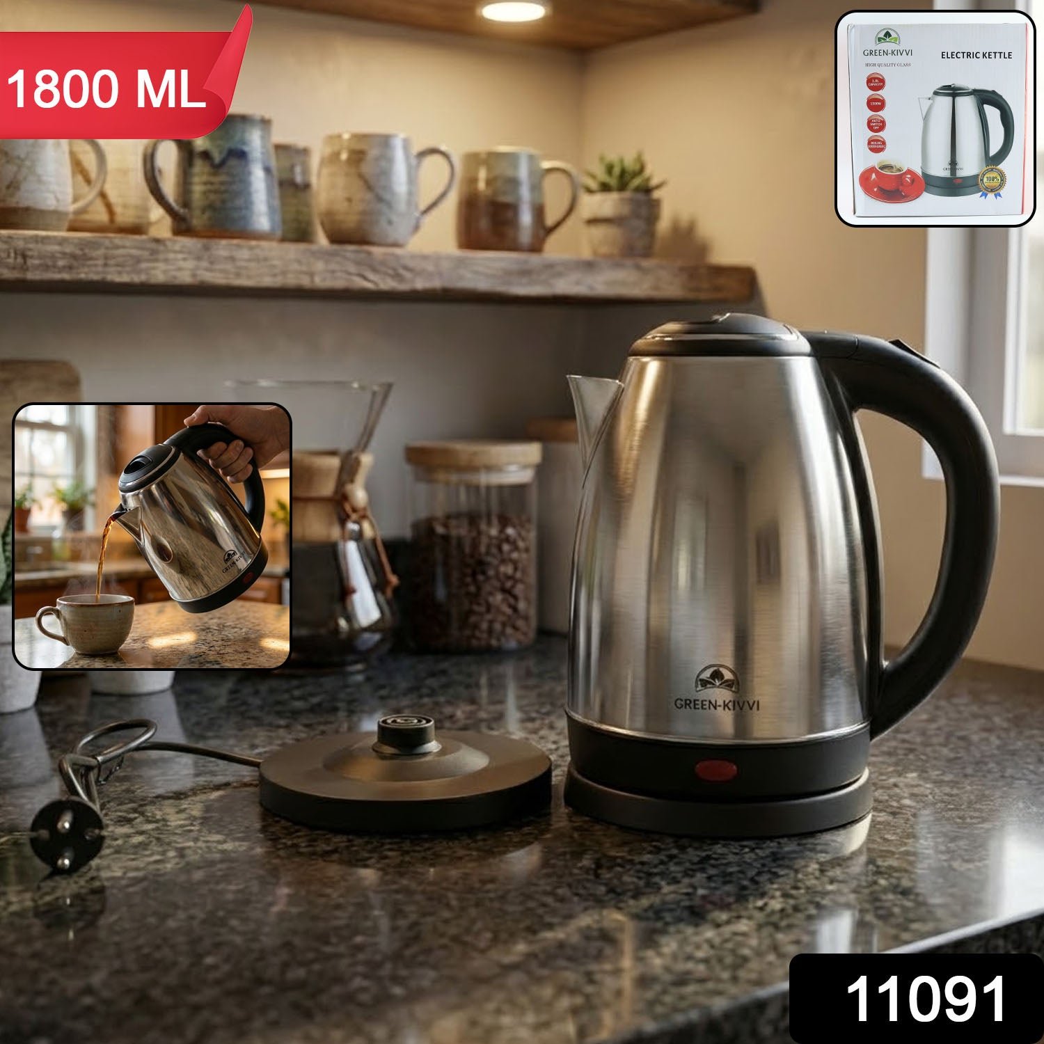 Electric Stainless-Steel Kettle (1800ML, 1 Pc)