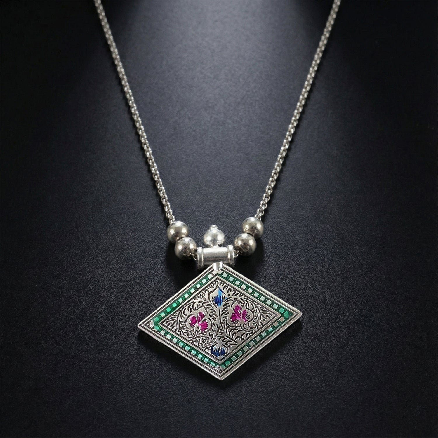 Traditional Square Motif Oxidised Silver Finish Pendant Necklace (1 Pc)