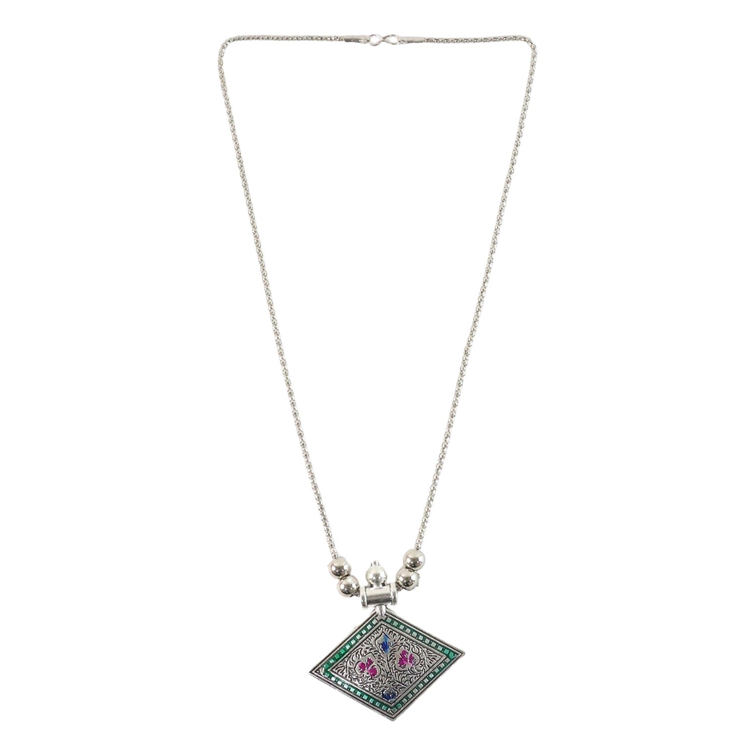 Traditional Square Motif Oxidised Silver Finish Pendant Necklace (1 Pc)