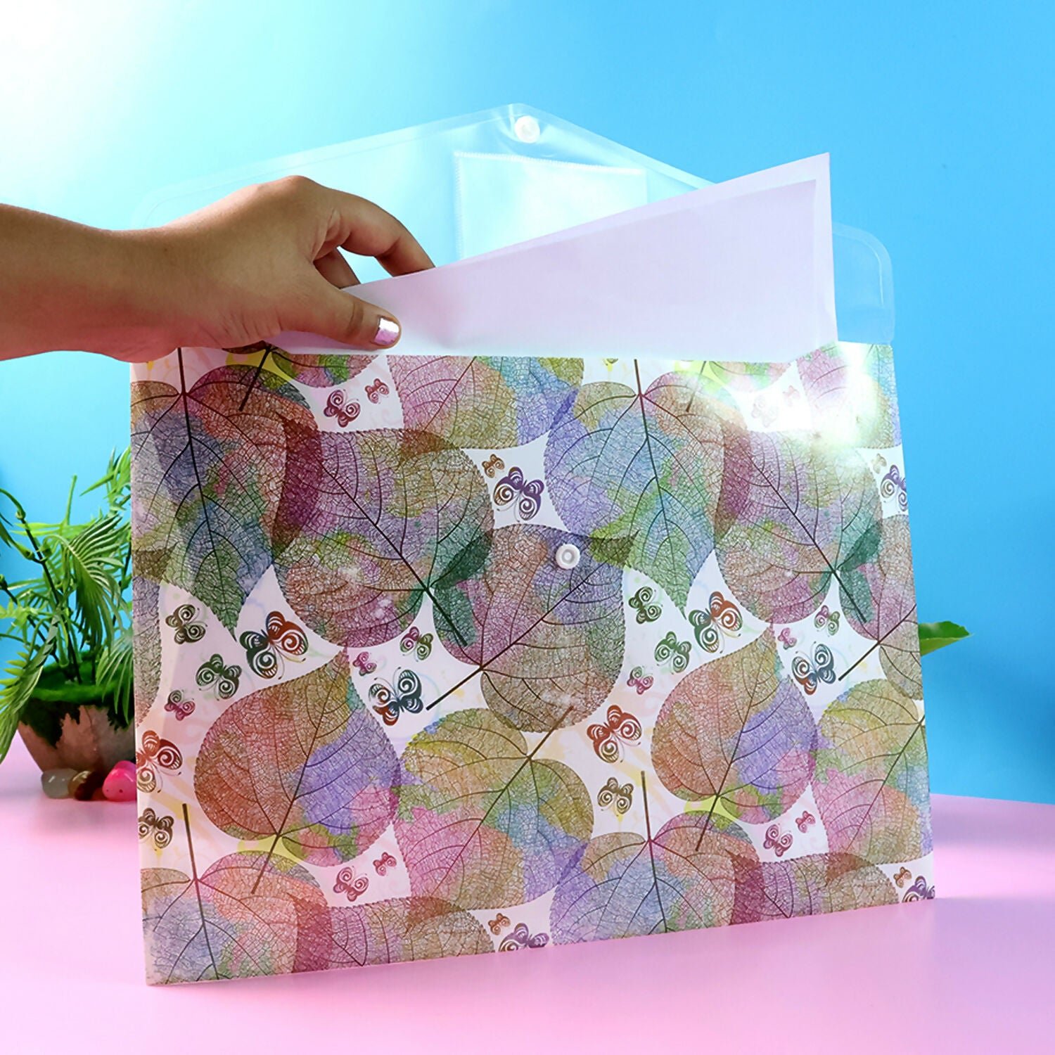 Printed A4 Document Folder – Leaf Design with Button Closure & Label Slot (1 Pc)