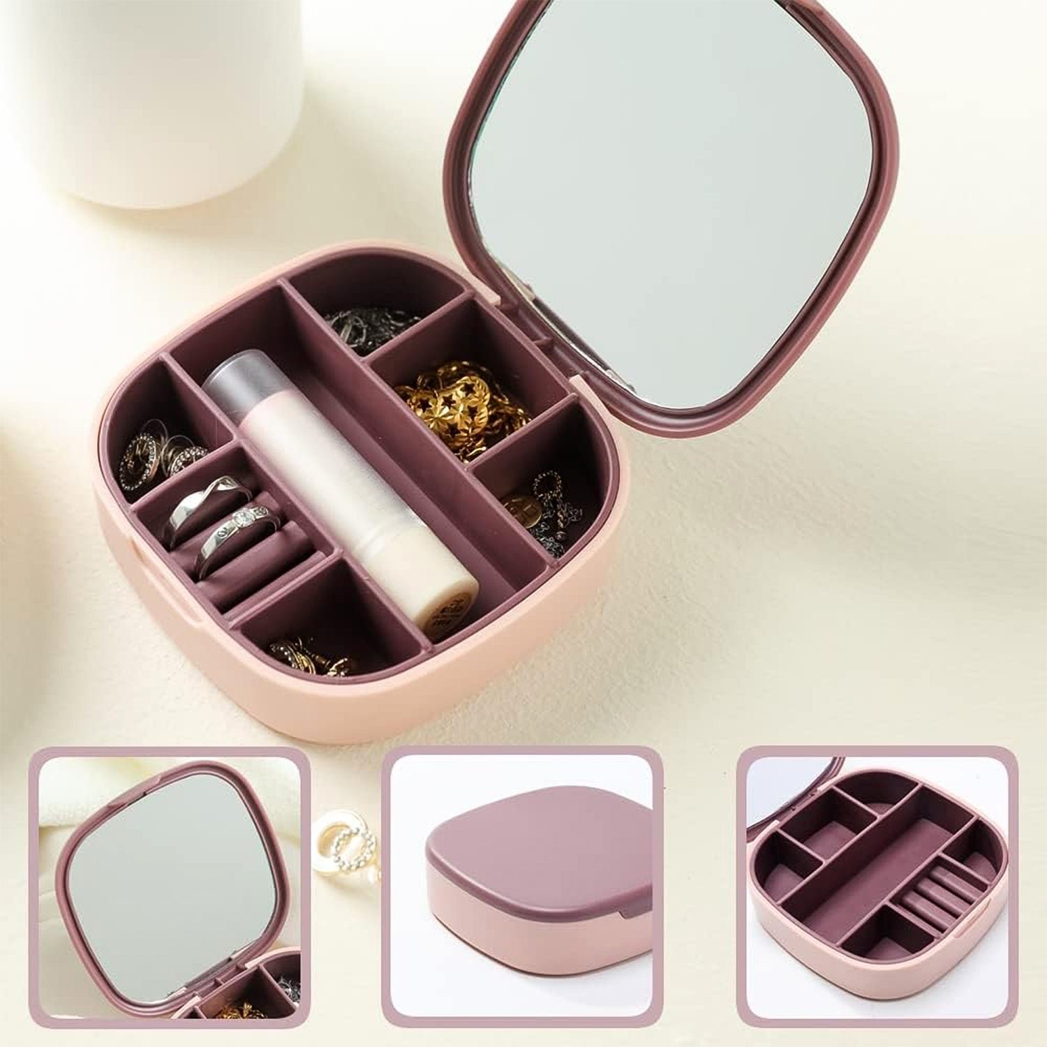 Plastic Jewelry Storage Box with Built-in Mirror & Multi-Section (1 Pc)