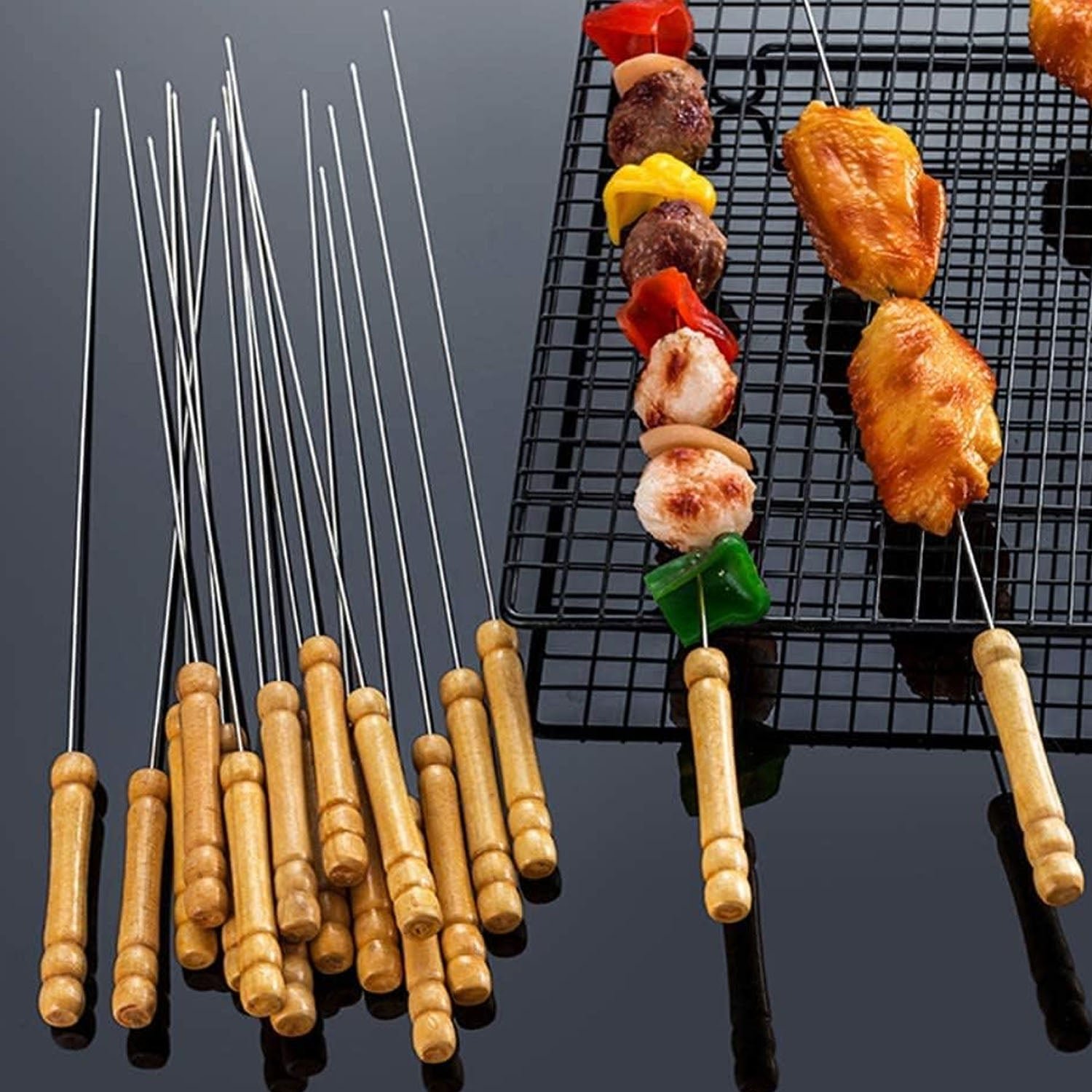 Barbecue Skewers for BBQ Tandoor and Gril with Wooden Handle - Pack of 12