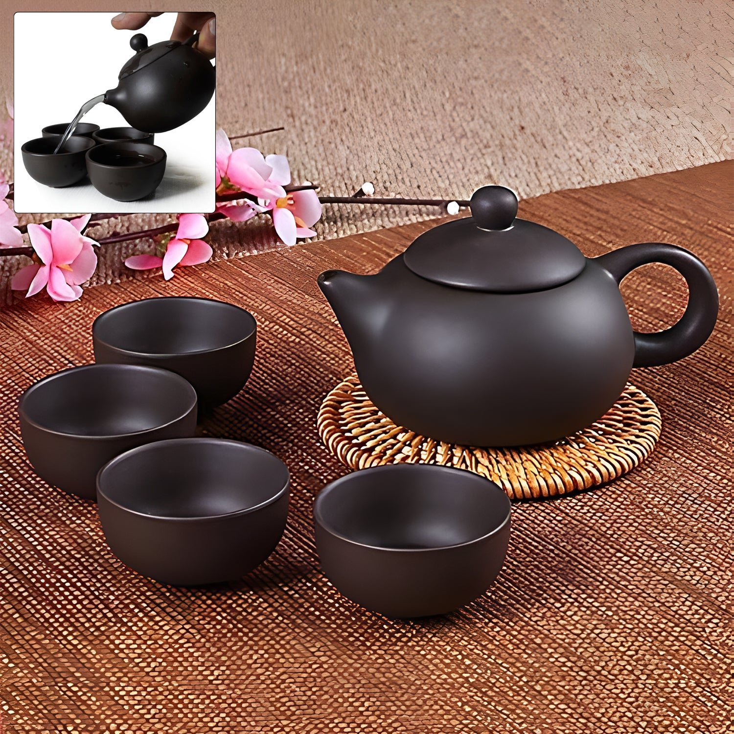 Premium Black Clay / Ceramic Tea Set with Teapot & 4 Cups