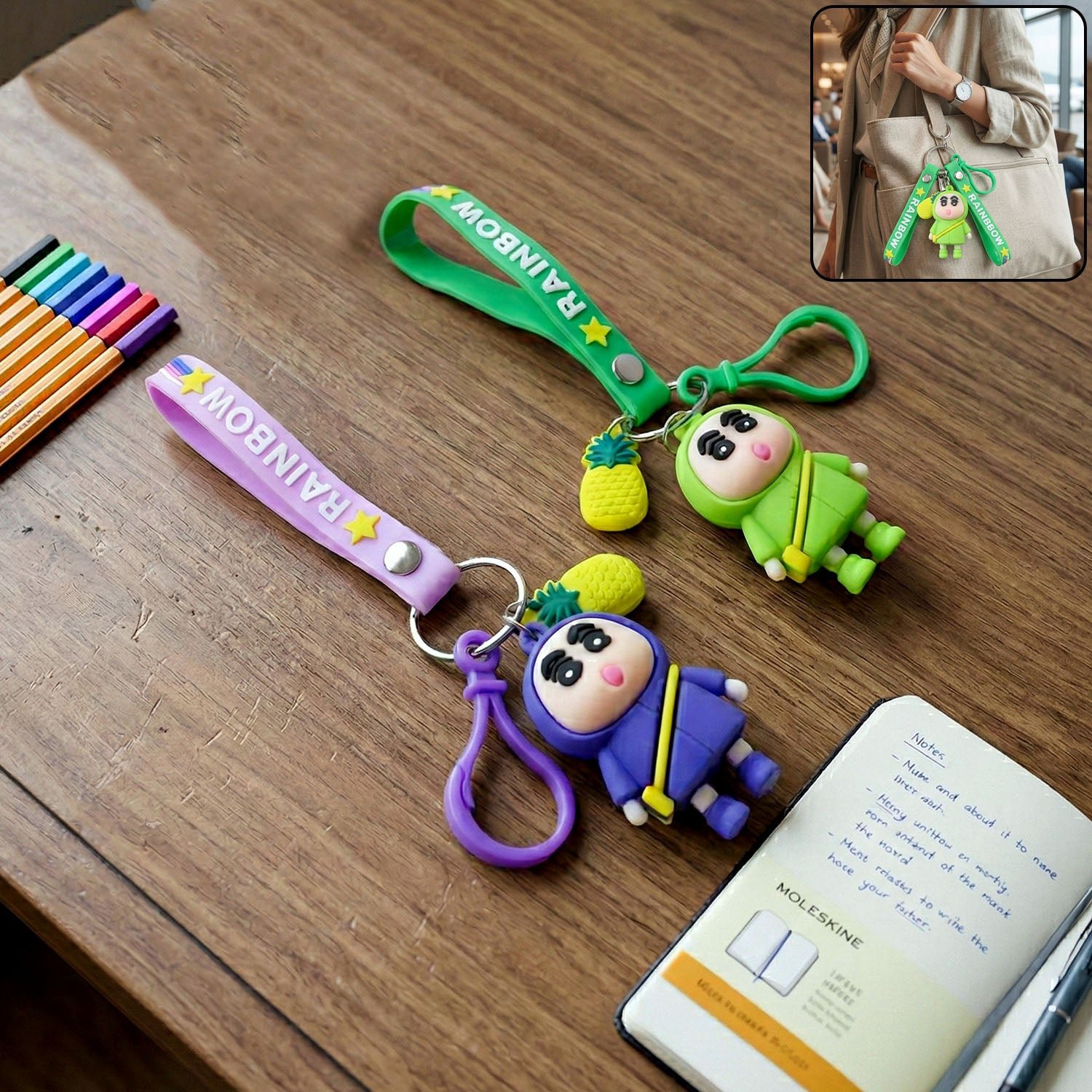 Cute Cartoon Doll Keychain with Strap and Pineapple Charm (1 Pc)